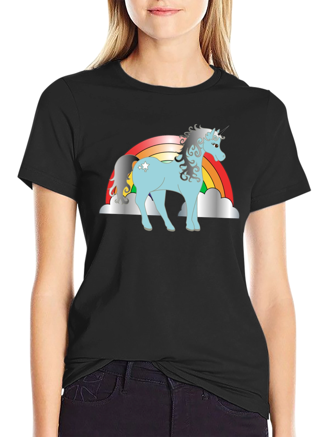 Black Rainbow Unicorn Graphic Tee - Black Cotton Shirt view 2
