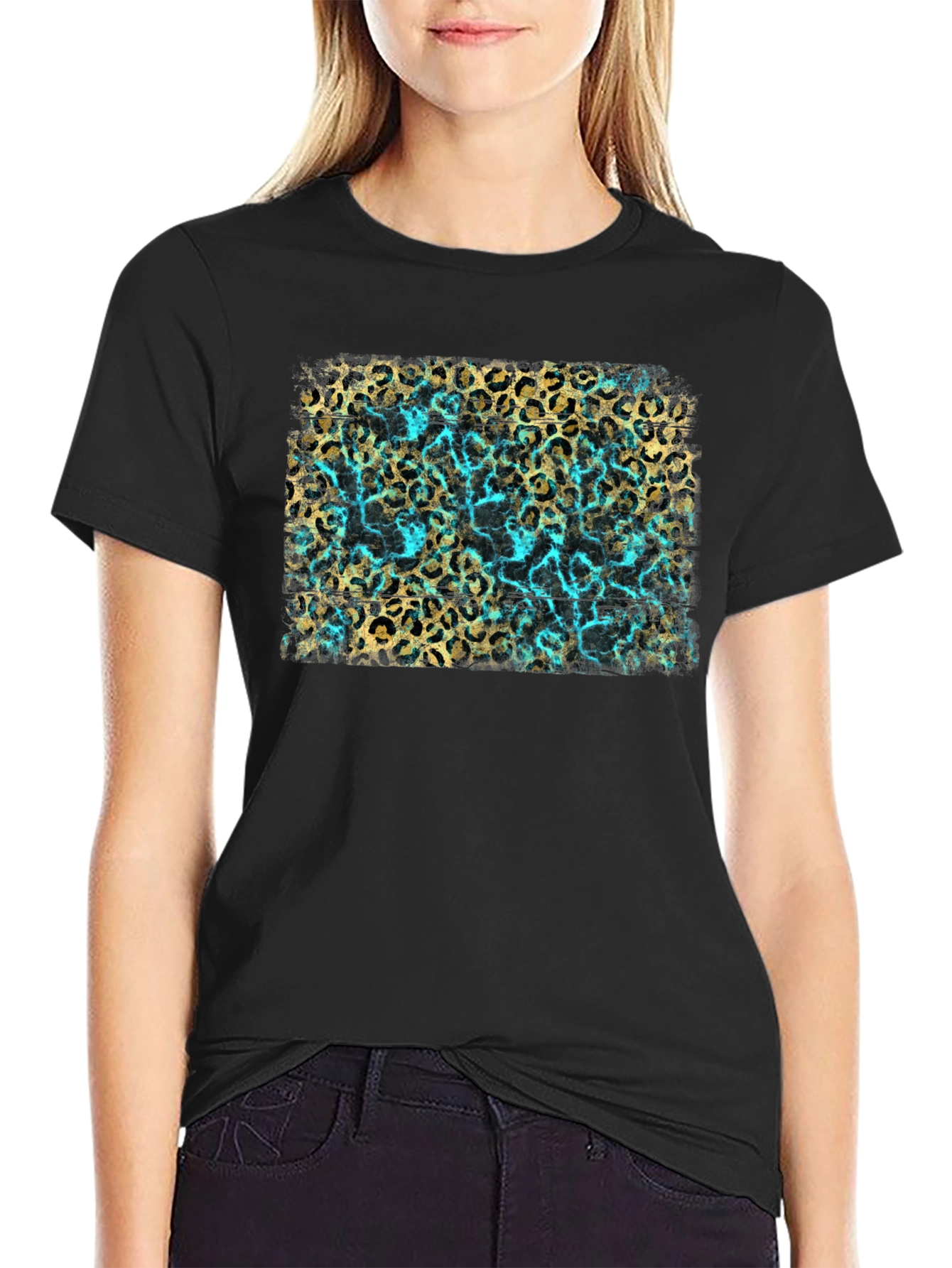 Black Leopard Print Tee - Turquoise Accent view 2