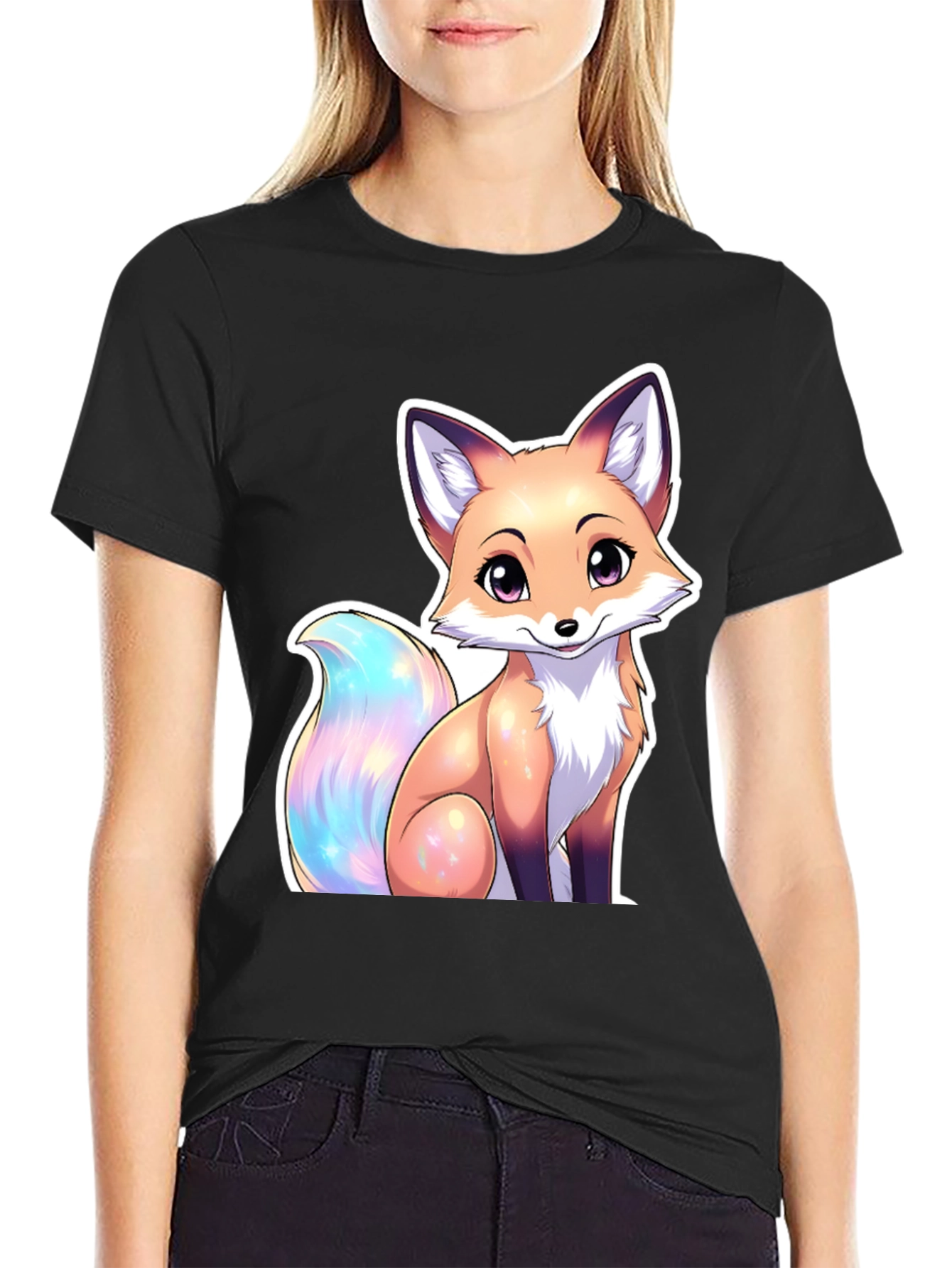 Black Cute Fox Graphic Tee - Stylish Animal Lover T-Shirt view 2