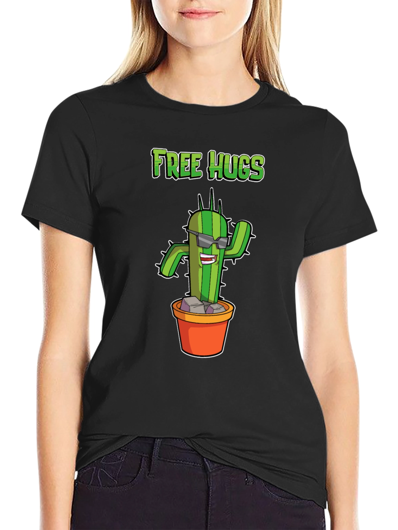 Black Funny Cactus Free Hugs Graphic T-Shirt view 2