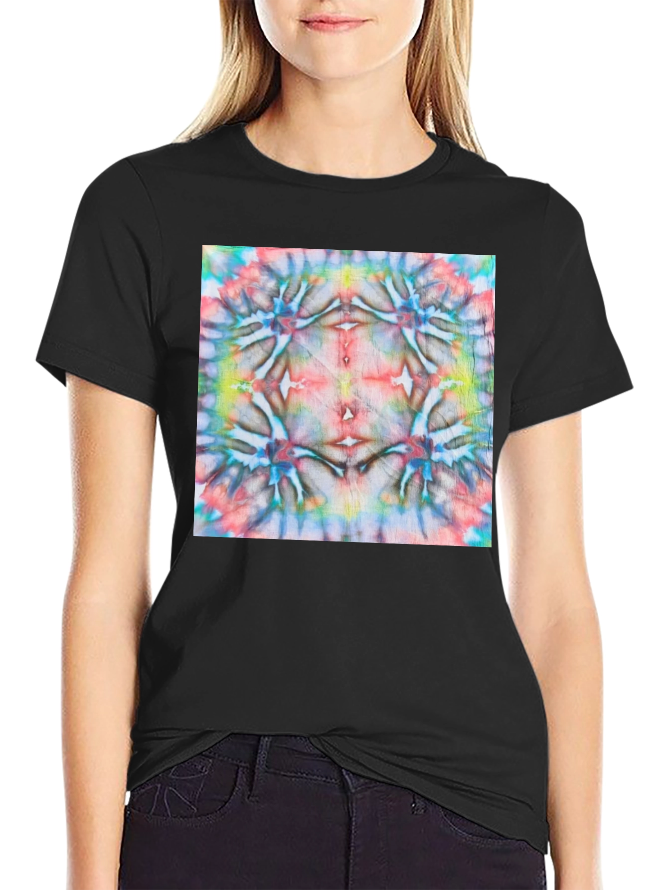 Black Psychedelic Tie-Dye Pattern Black Cotton Tee view 2