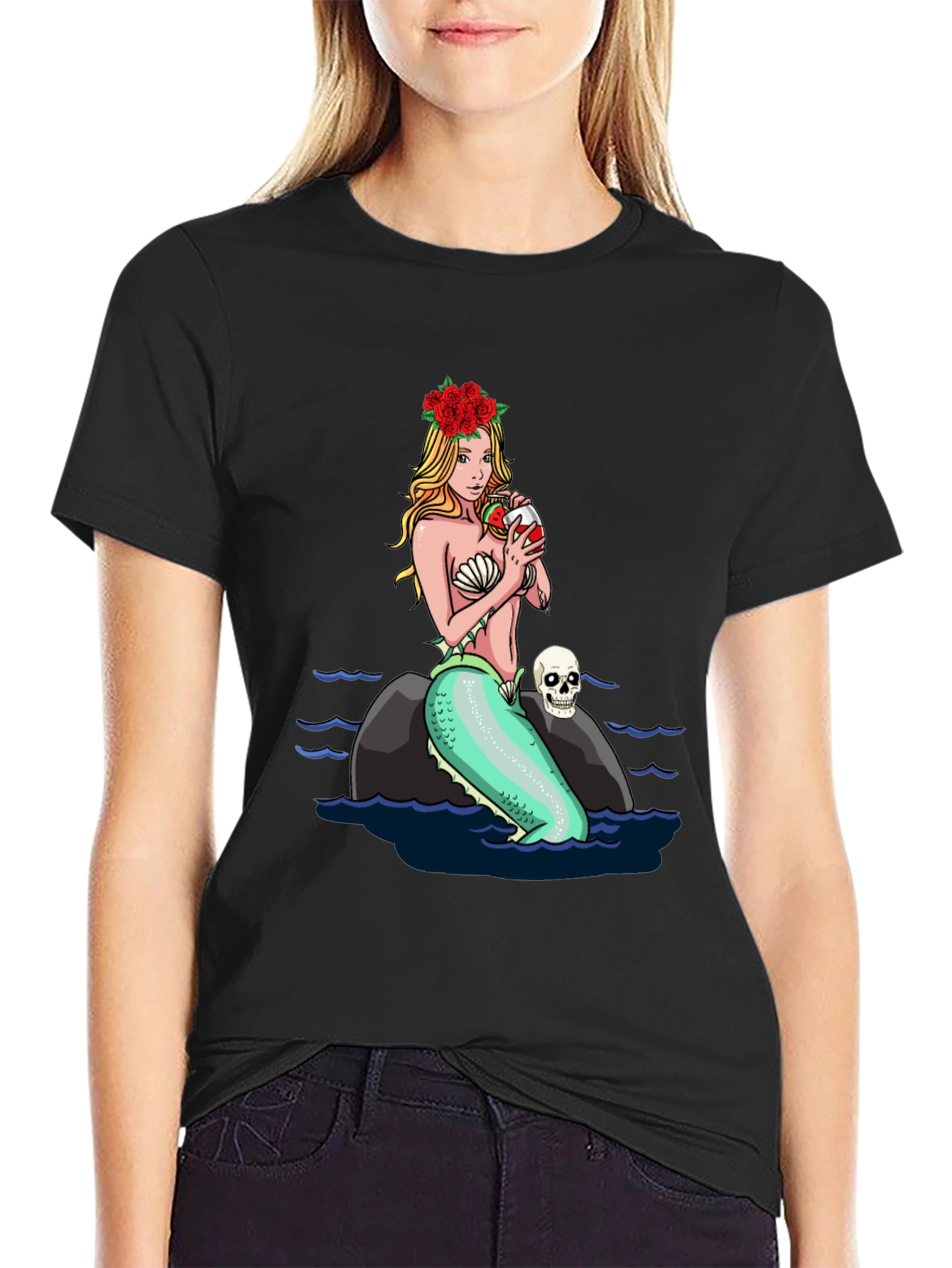 Black Mermaid Drinking Wine T-Shirt view 2