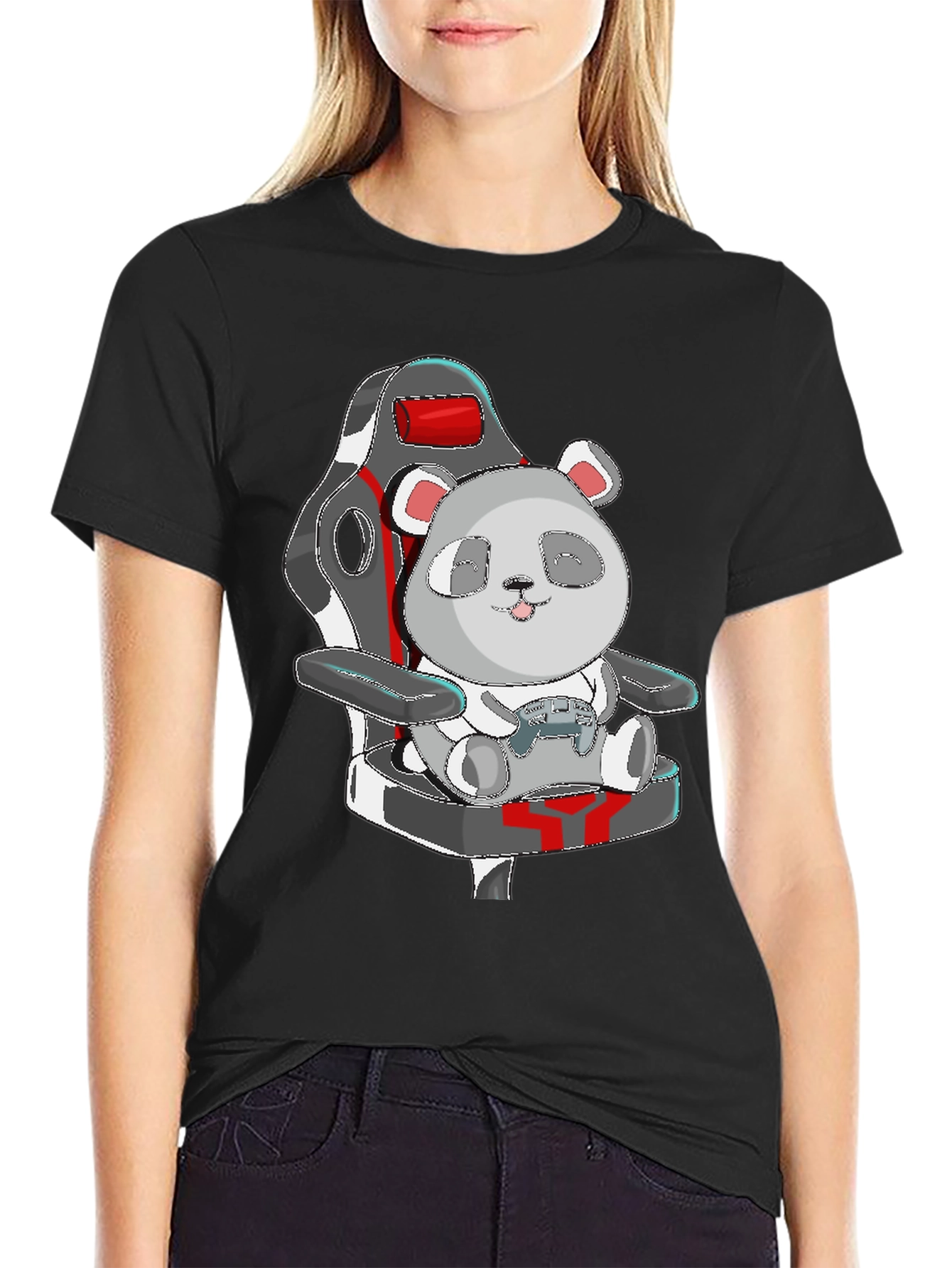 Black Panda Gamer T-Shirt - Cute Cartoon Graphic Tee view 2