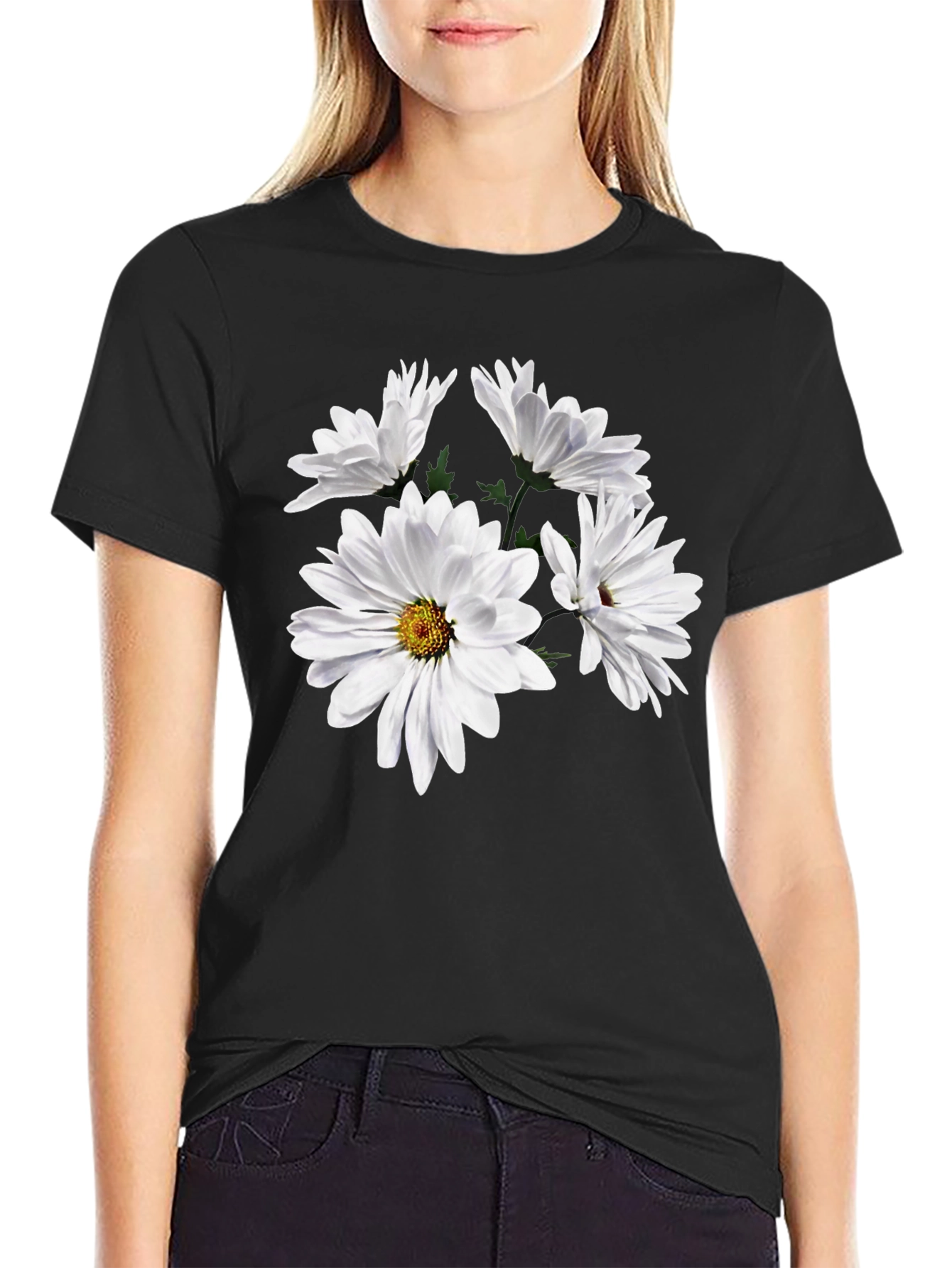 Black Daisy Flower Graphic Tee - Black Cotton T-Shirt view 2