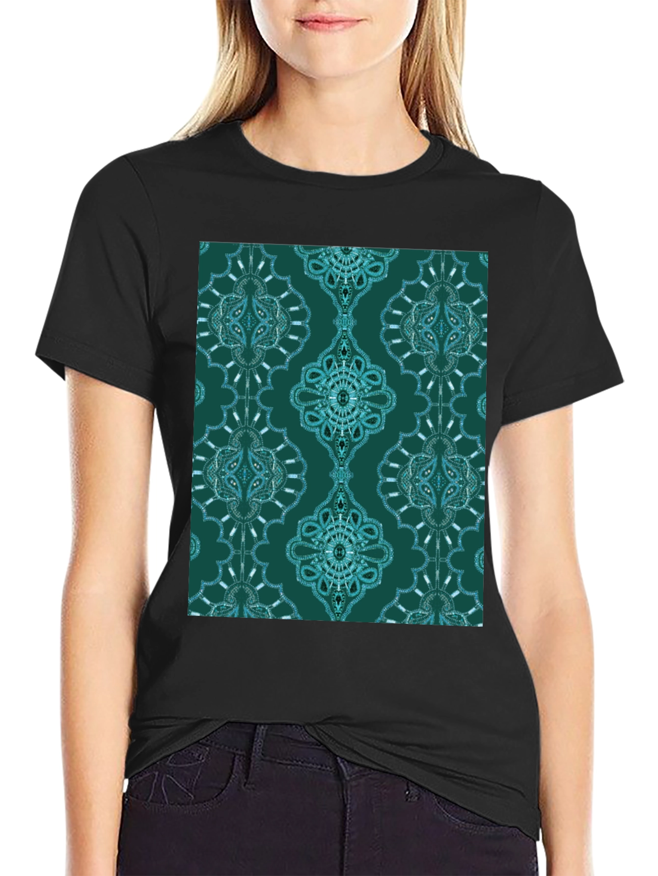Black Stylish Patterned Teal T-Shirt view 2