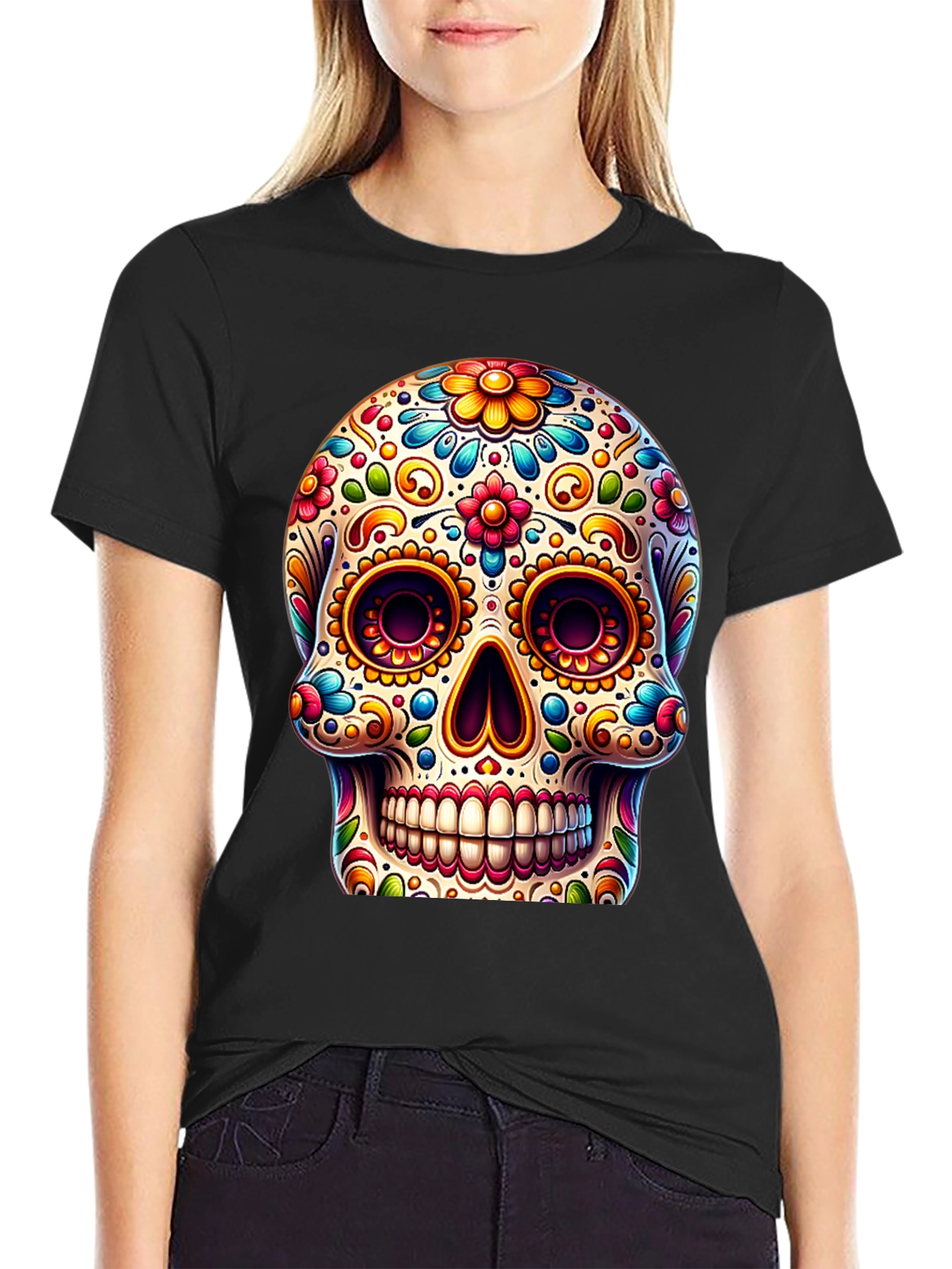 Black Sugar Skull T-Shirt: Colorful Day of the Dead Design view 2