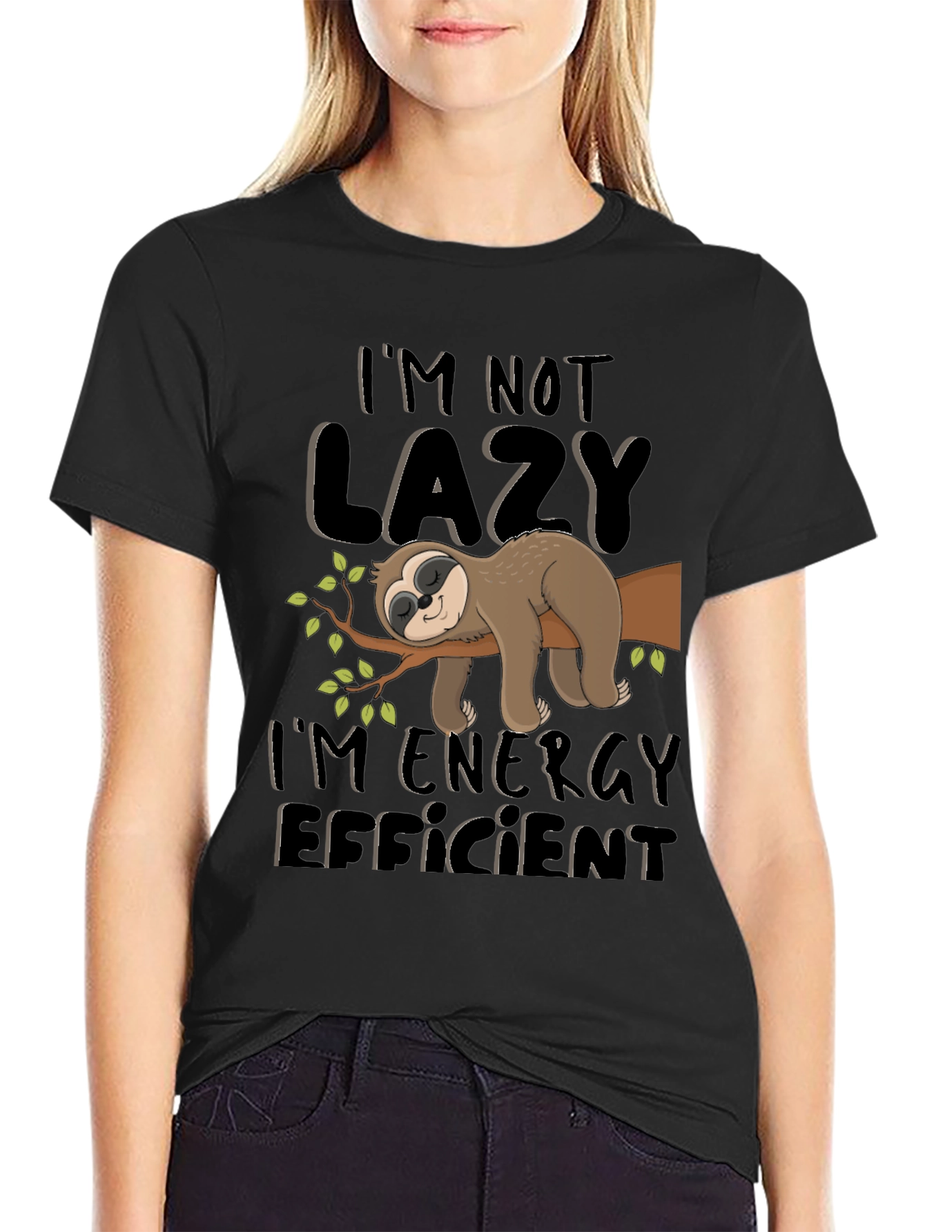 Black Funny Sloth Energy Efficient Graphic T-Shirt view 2
