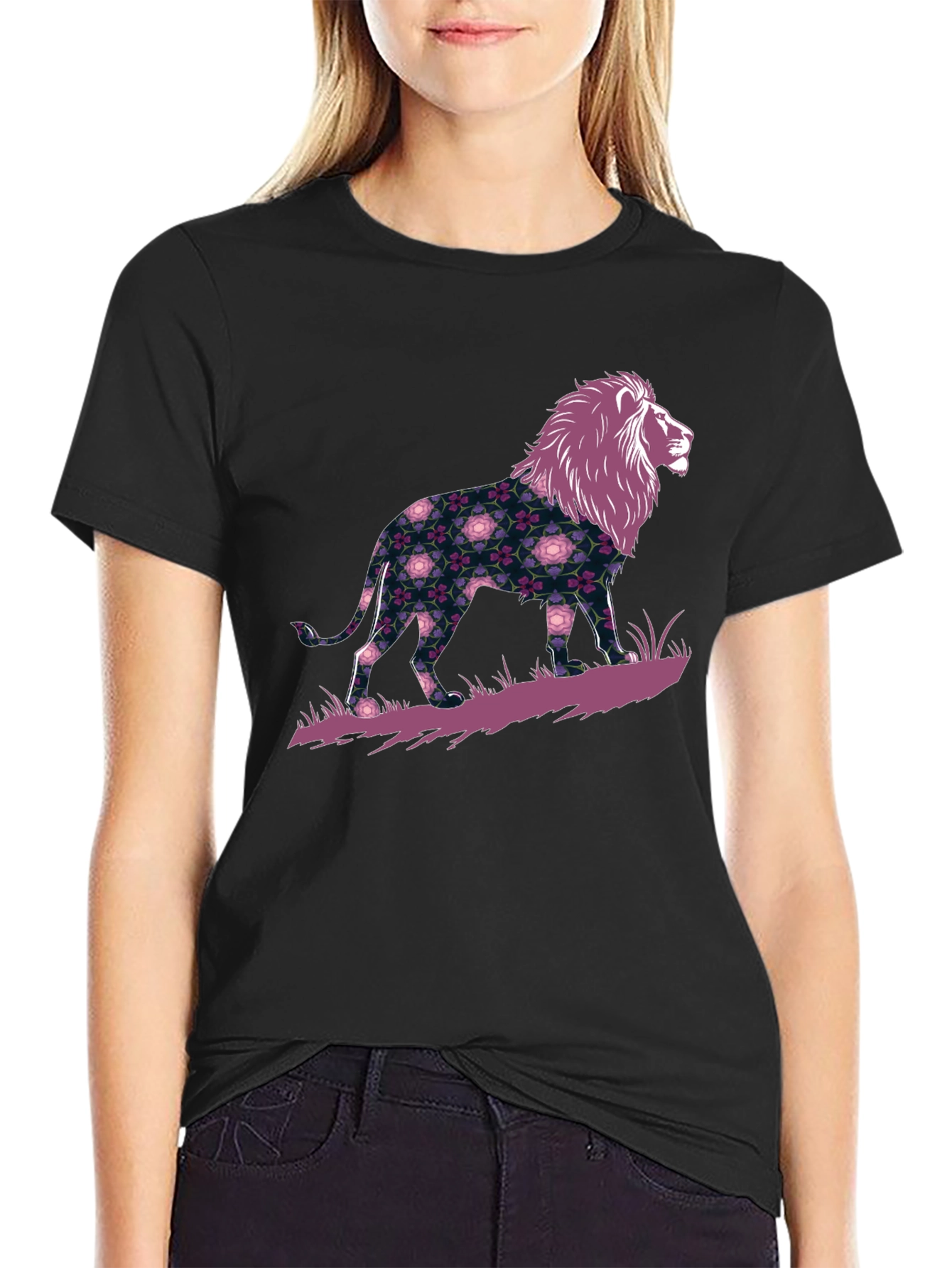 Black Floral Lion Graphic Tee - Men's Black T-Shirt view 2