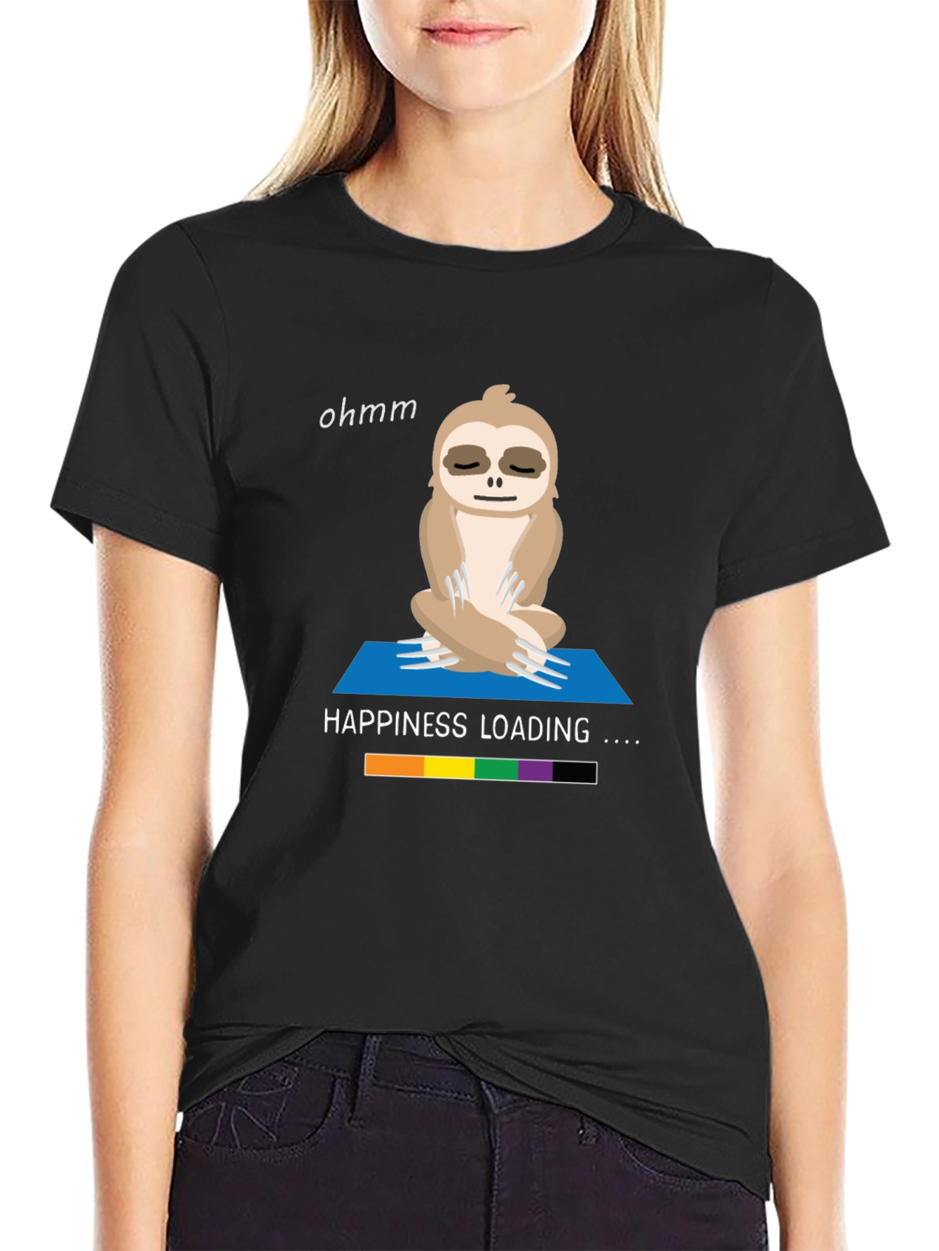 Black Yoga Sloth T-Shirt - Happiness Loading Graphic Tee view 2