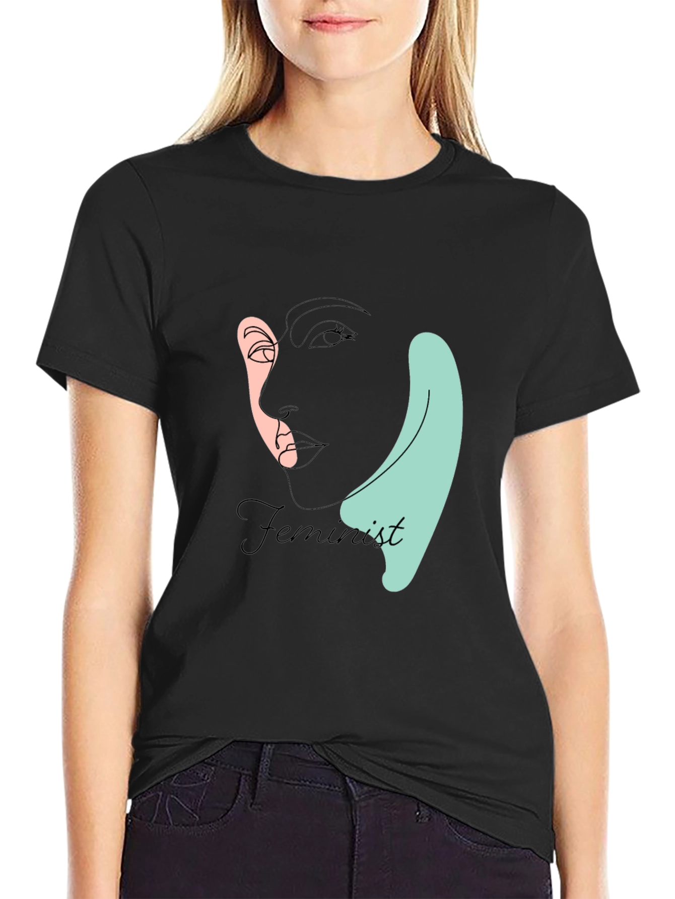 Black Feminist Line Art T-Shirt - Black view 2