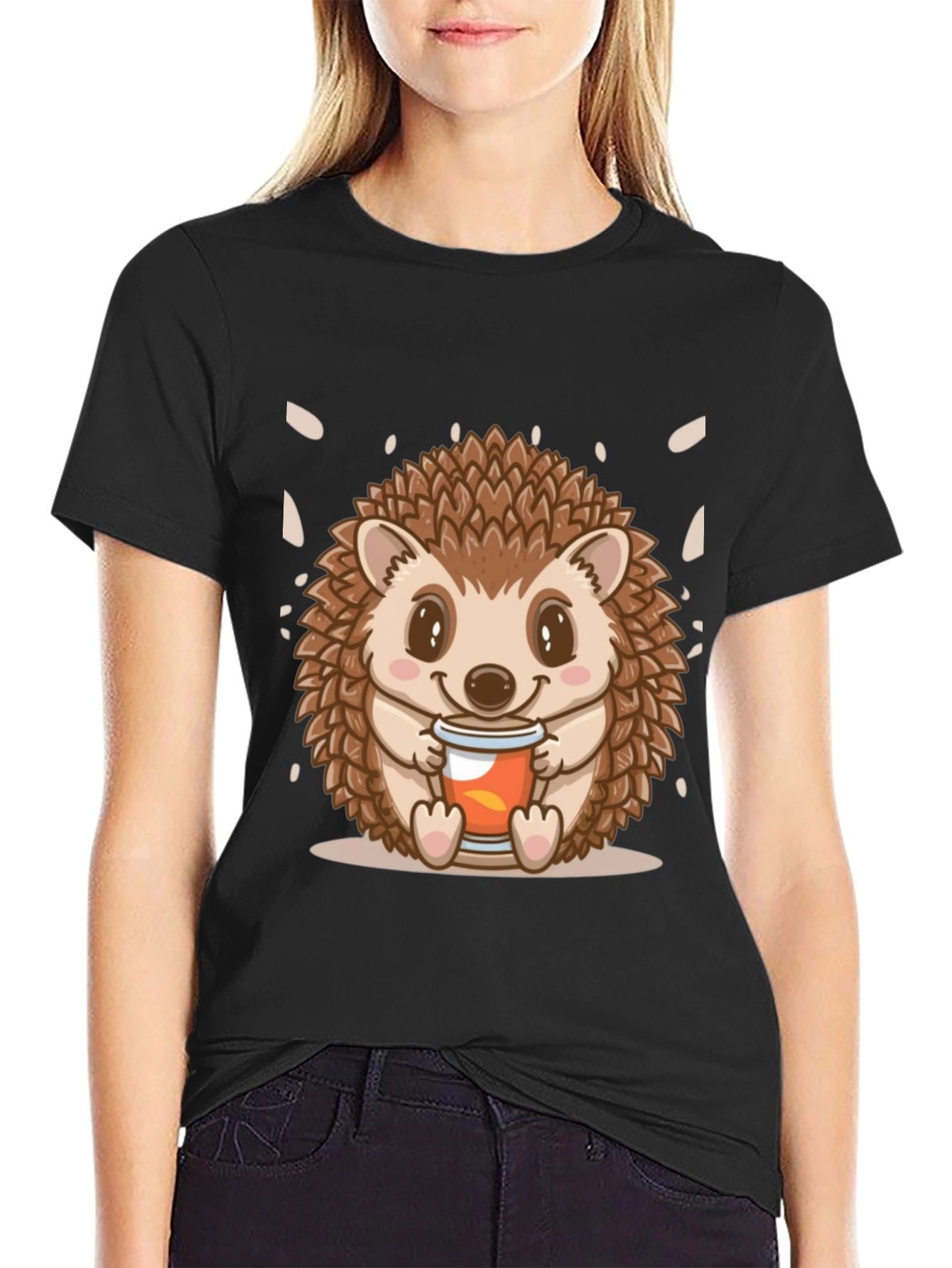 Black Cute Hedgehog Holding Drink Graphic Tee - Black view 2
