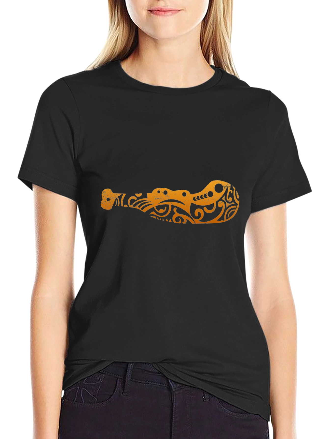 Black Tribal Crocodile Design Black T-Shirt view 2