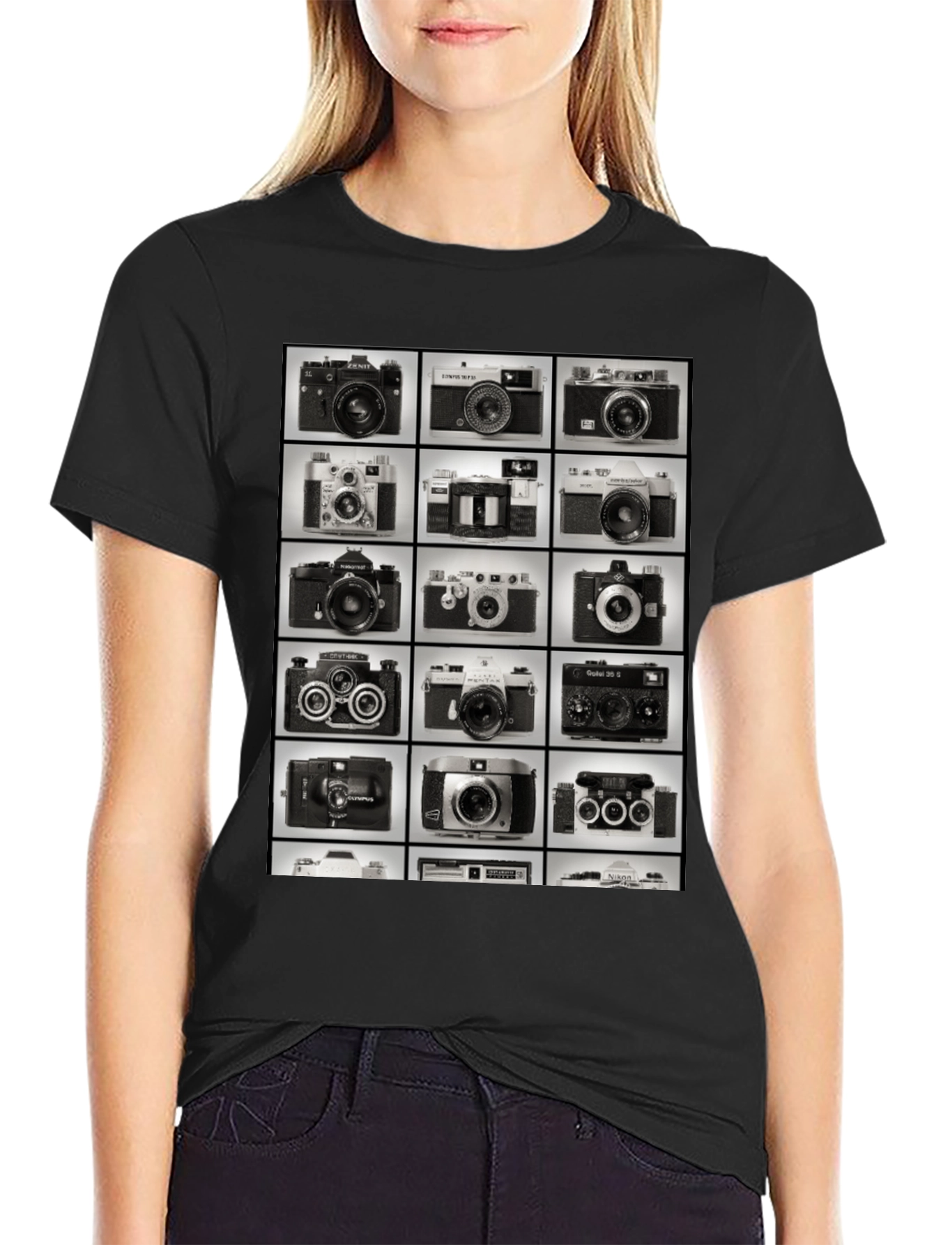 Black Vintage Camera Collage Graphic T-Shirt view 2