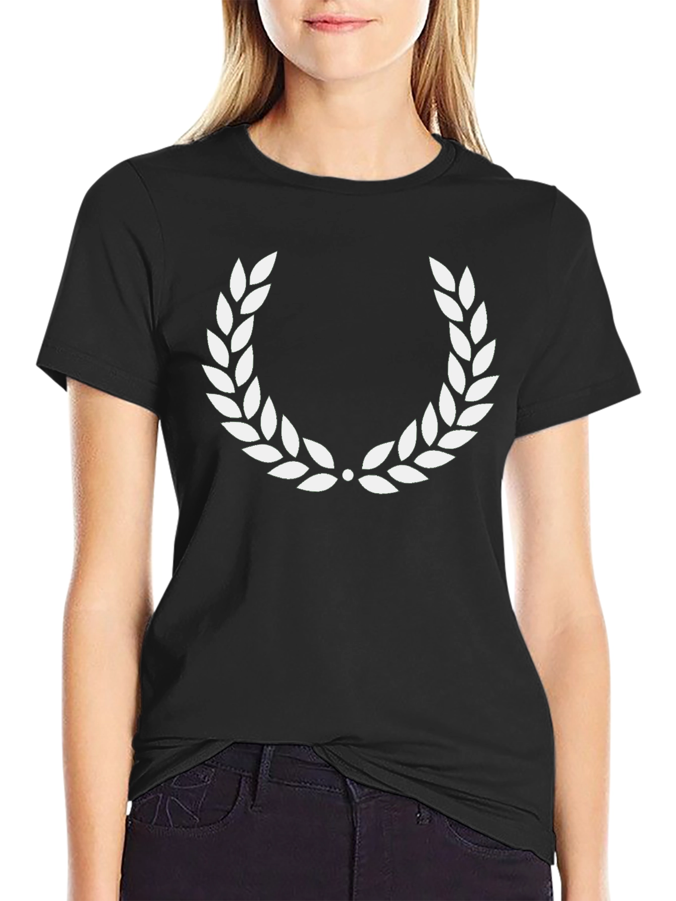 Black Black T-Shirt with White Laurel Wreath Design view 2