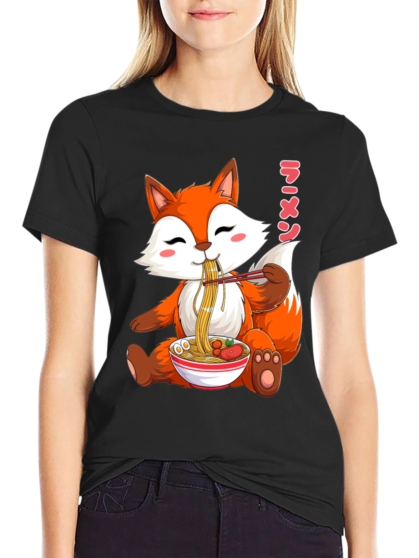 Black Cute Fox Ramen T-Shirt, Kawaii Anime Tee view 2