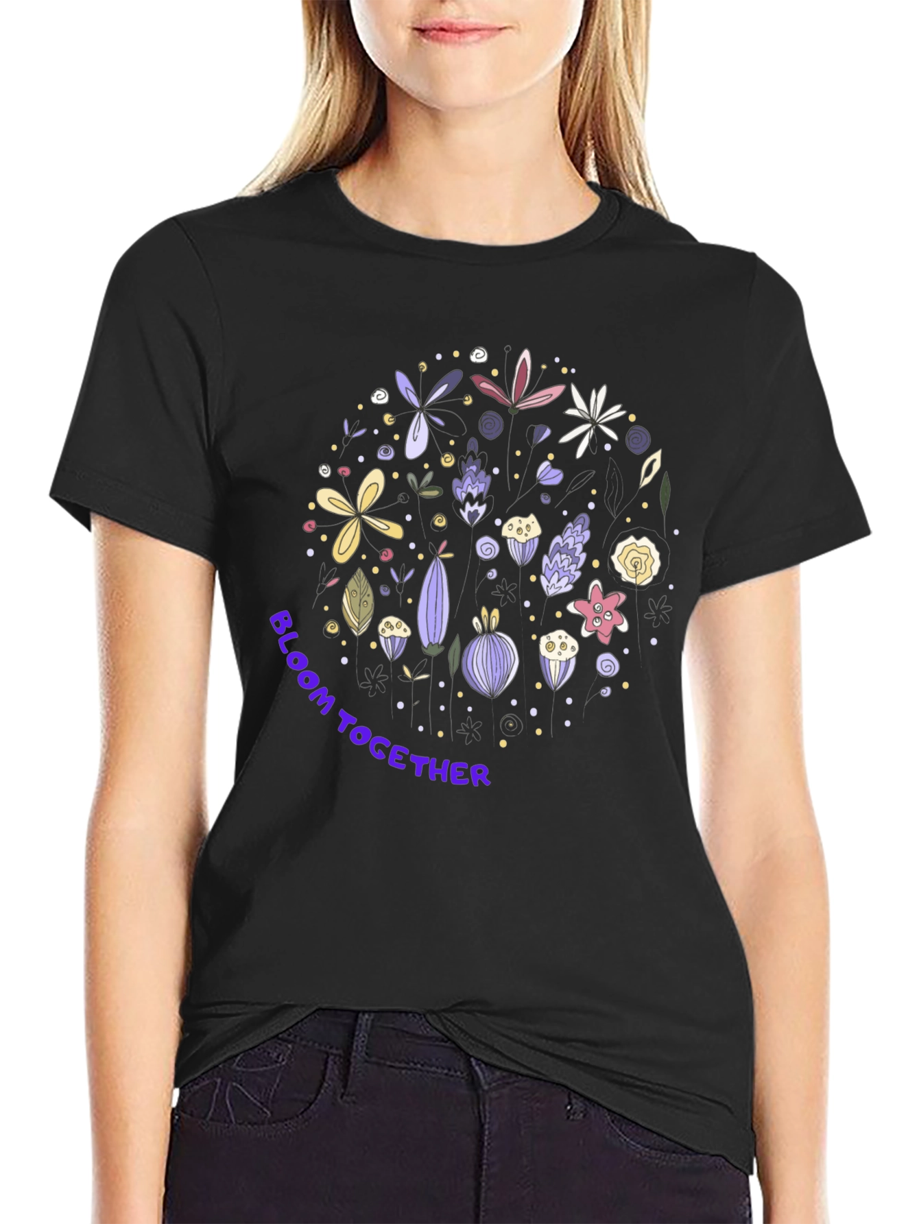 Black Bloom Together Graphic Tee - Stylish Floral Design view 2