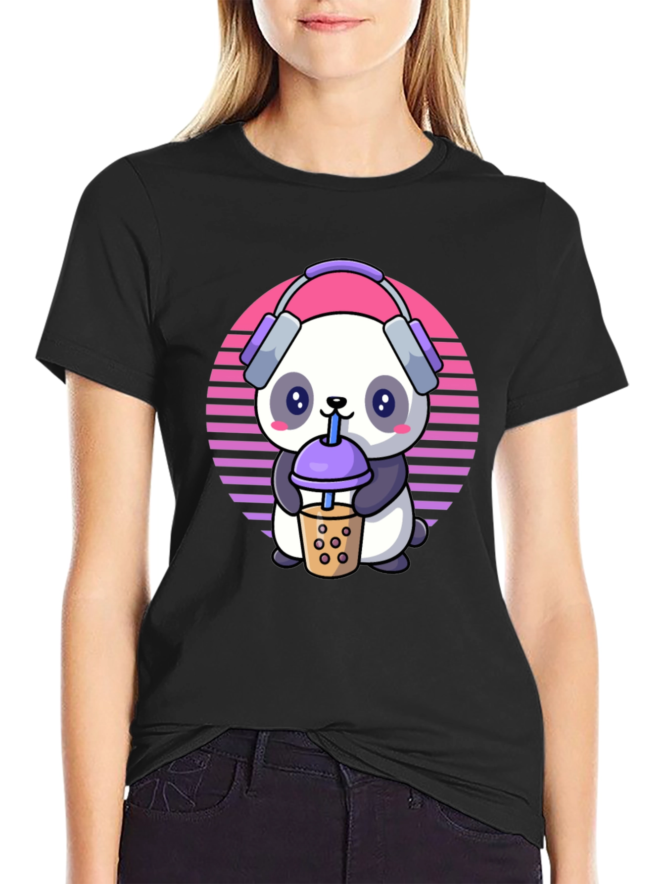 Black Cute Panda Bubble Tea T-Shirt view 2