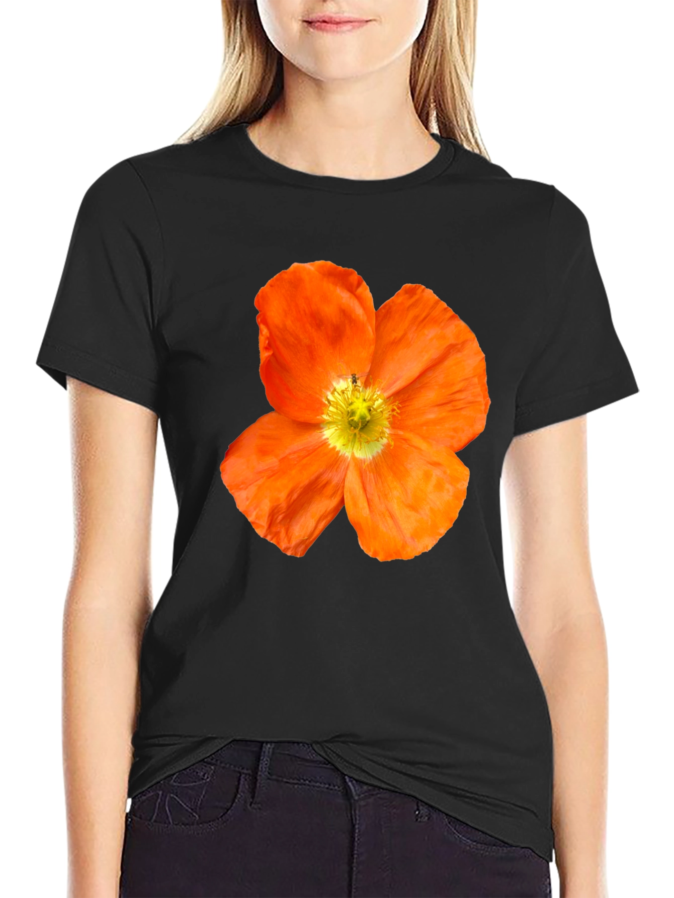 Black Floral Print T-Shirt - Bold Orange Poppy Design view 2
