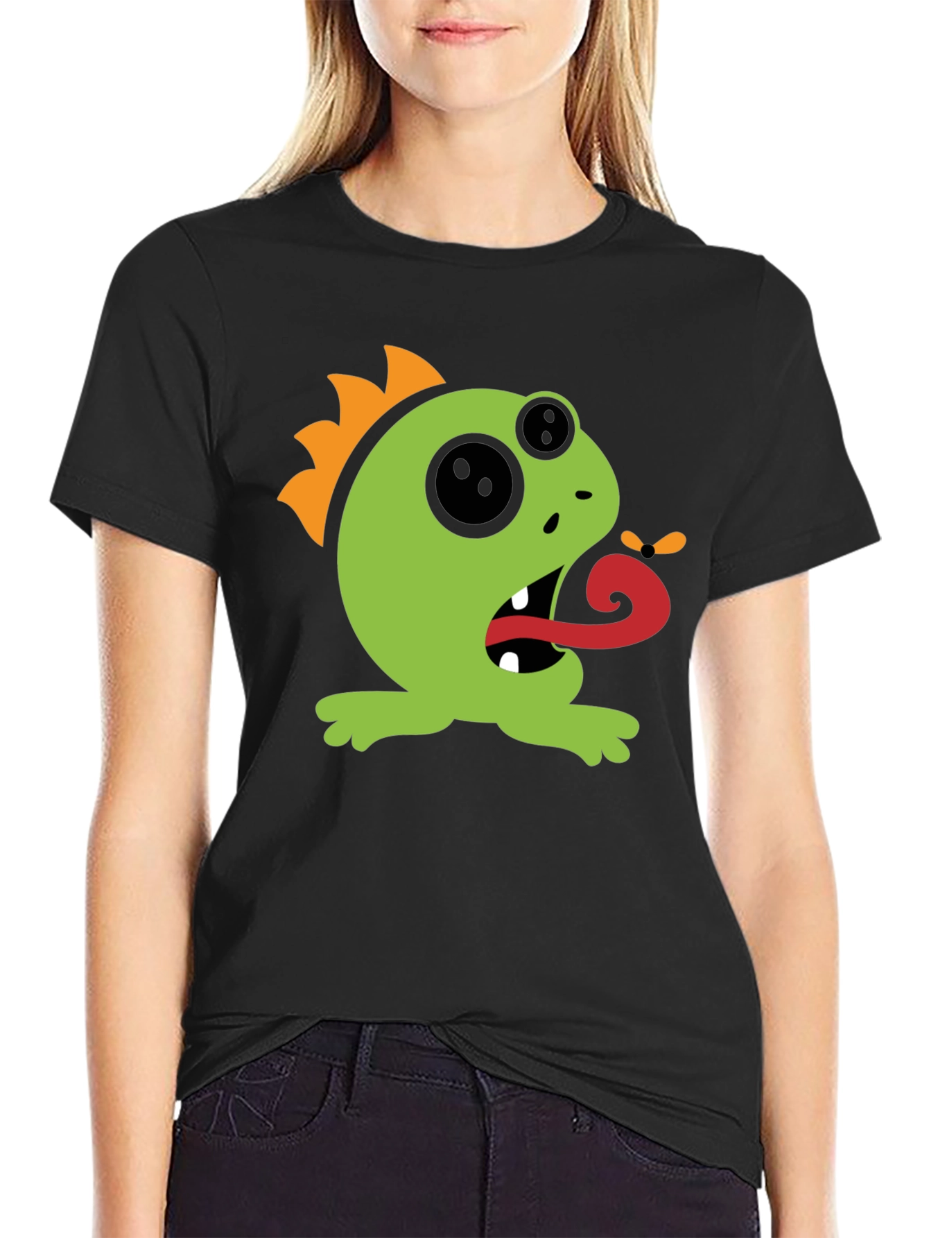 Black Monster Tongue Black T-Shirt - Fun Cartoon Graphic Tee view 2