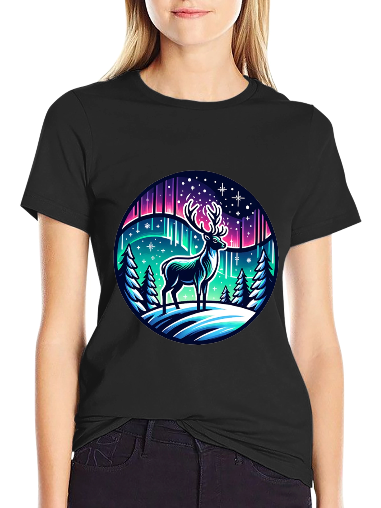 Black Winter Deer Graphic Tee - Northern Lights Design view 2