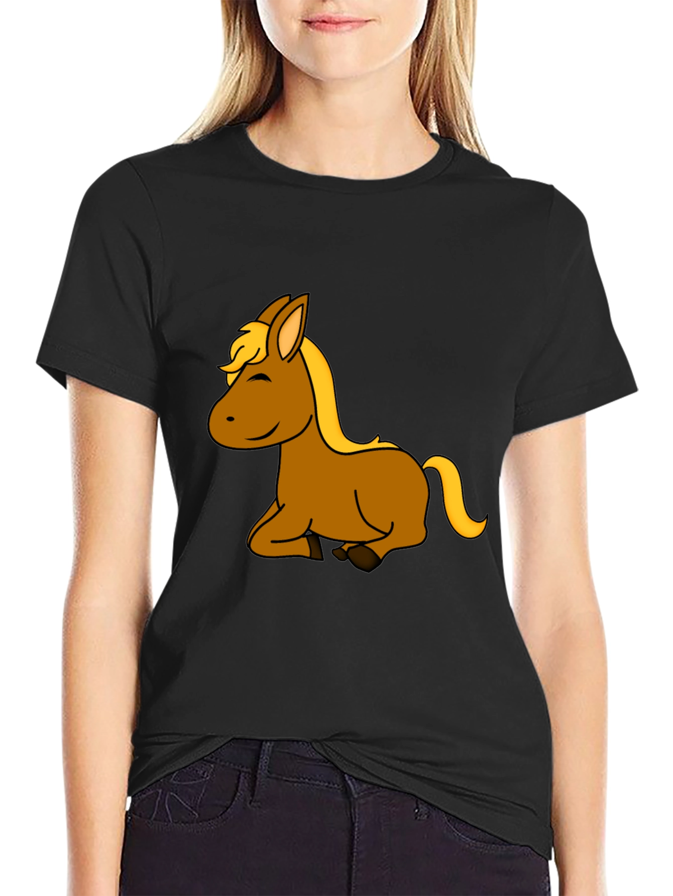 Black Cartoon Horse Graphic T-Shirt view 2