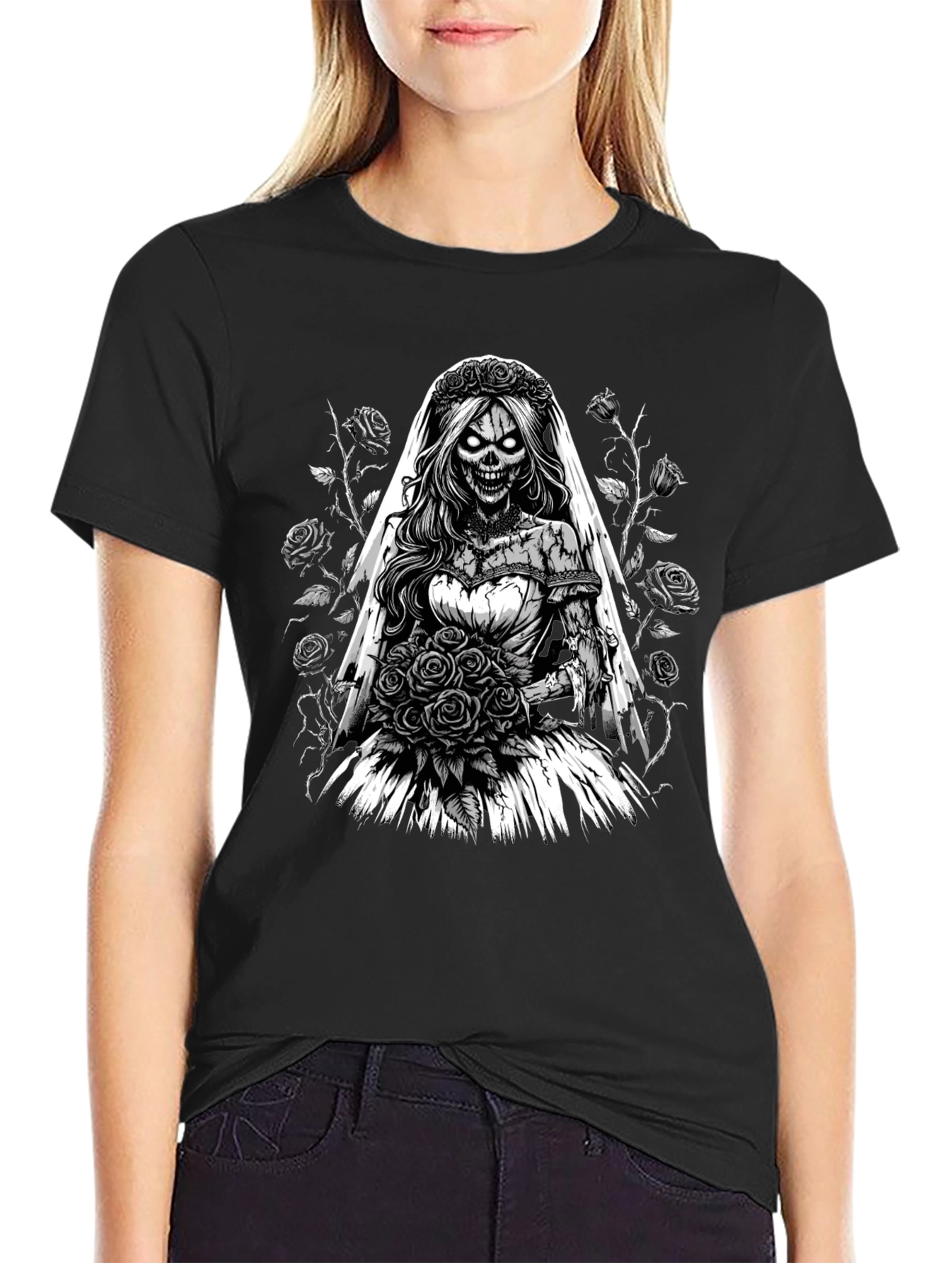 Black Zombie Bride T-Shirt - Unique Gothic Design view 2