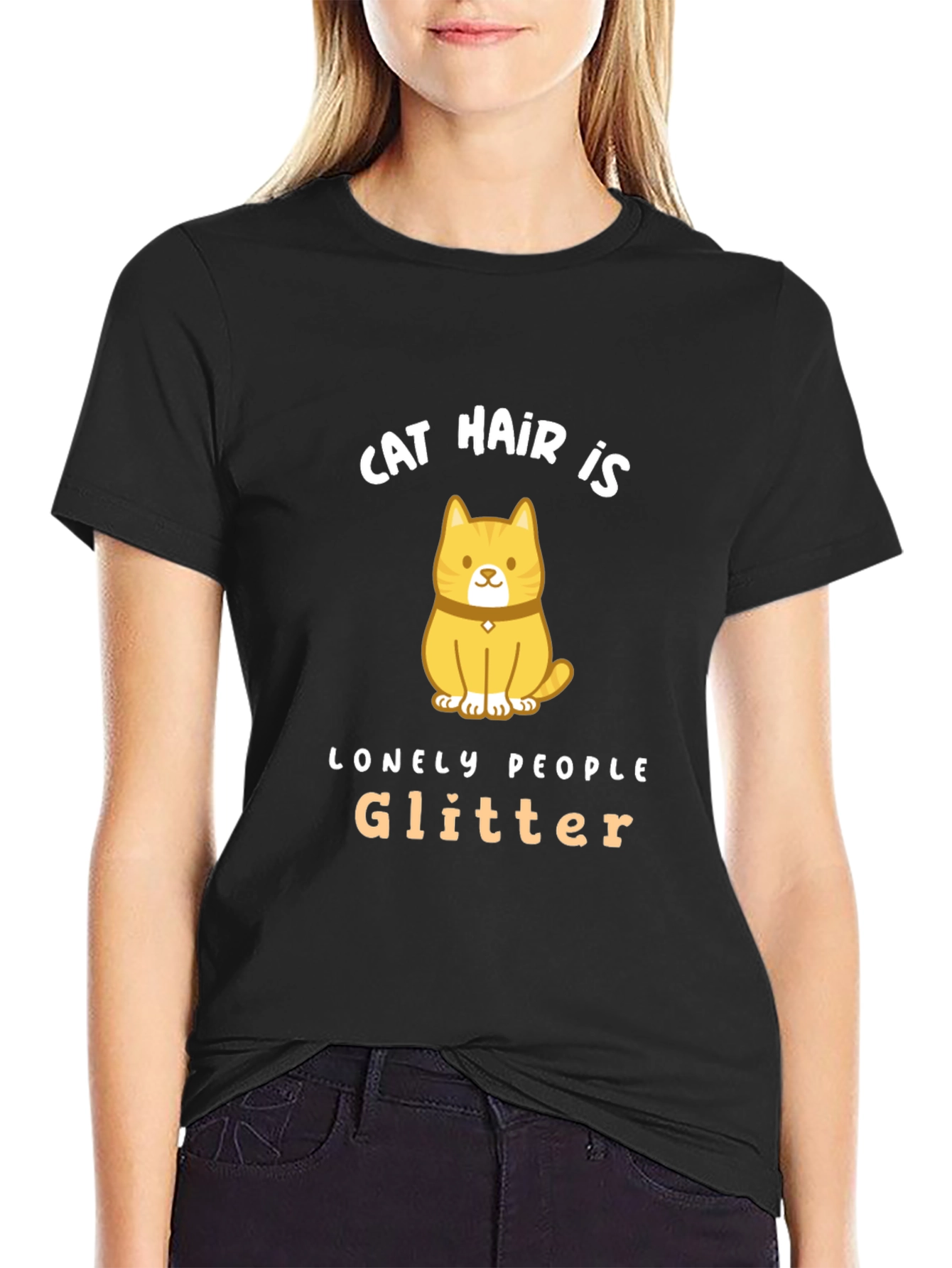 Black Cat Hair is Lonely People Glitter Black T-Shirt view 2