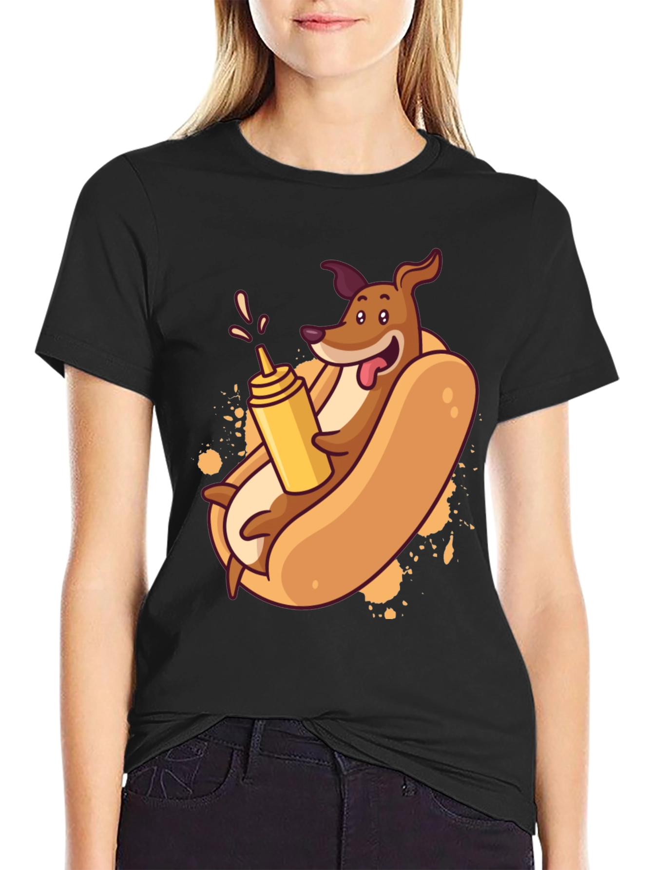 Black Funny Dachshund Hot Dog Cartoon T-Shirt view 2