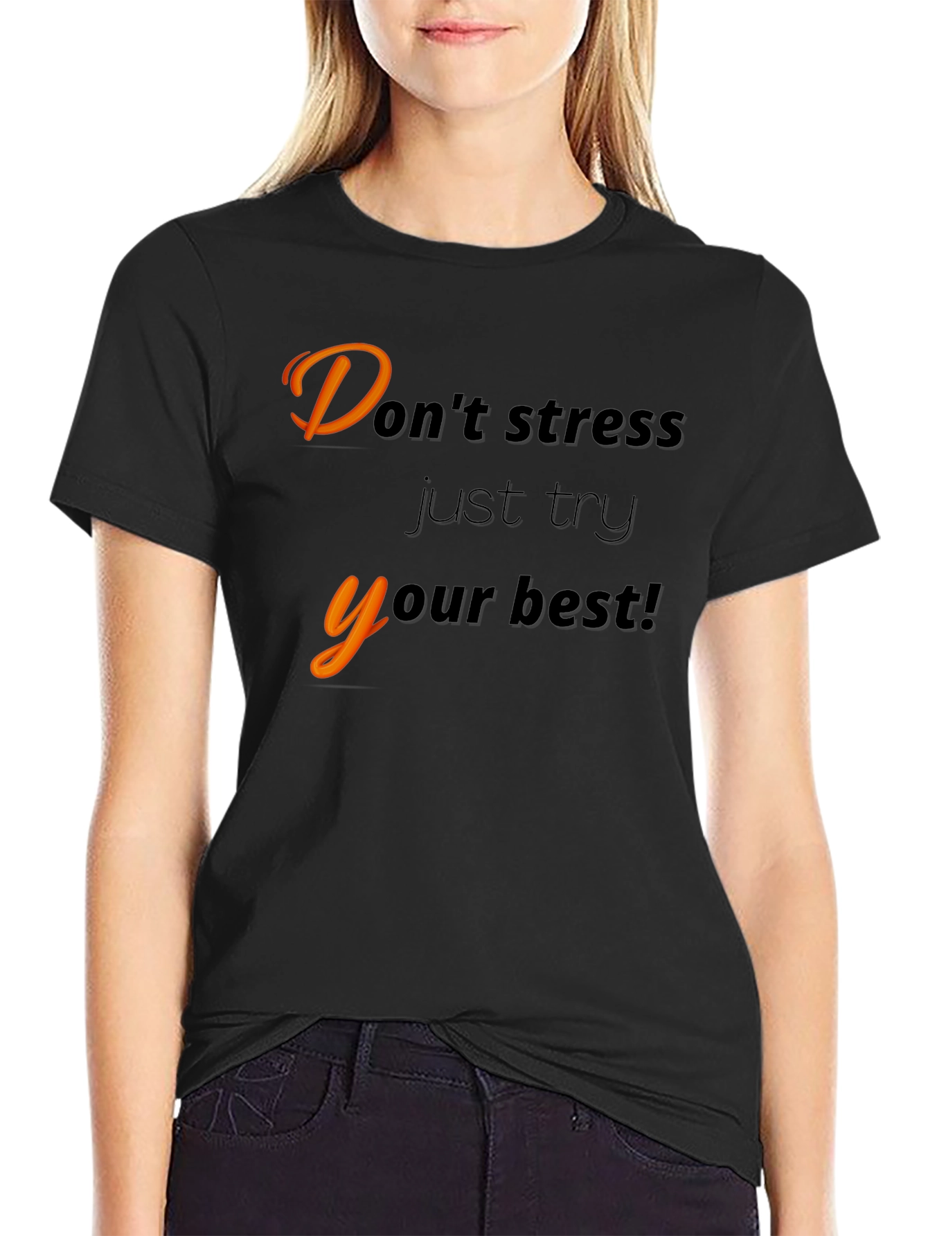 Black Motivational Black T-Shirt - "Don't Stress" view 2