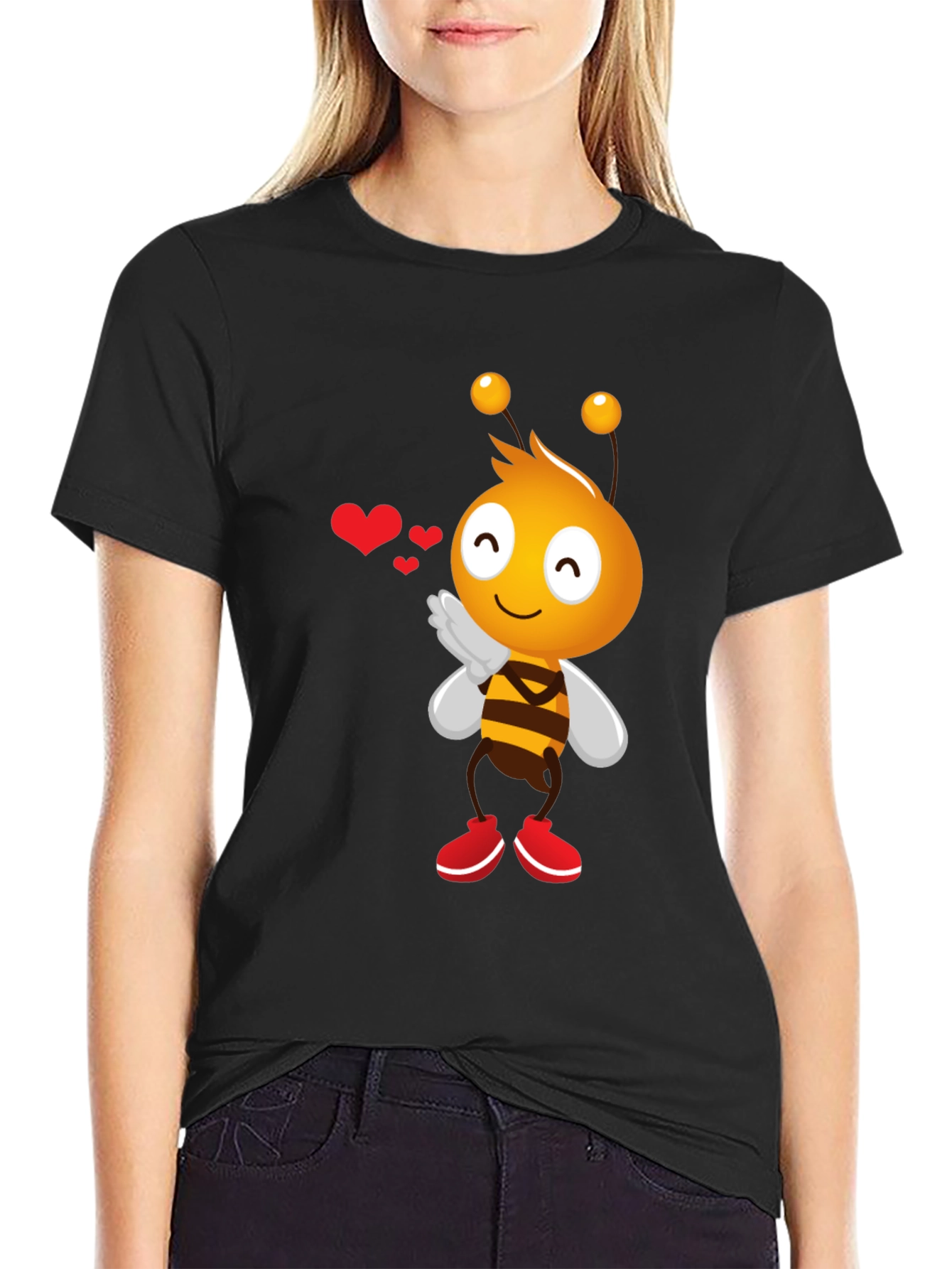 Black Cute Bee Cartoon Graphic T-Shirt view 2