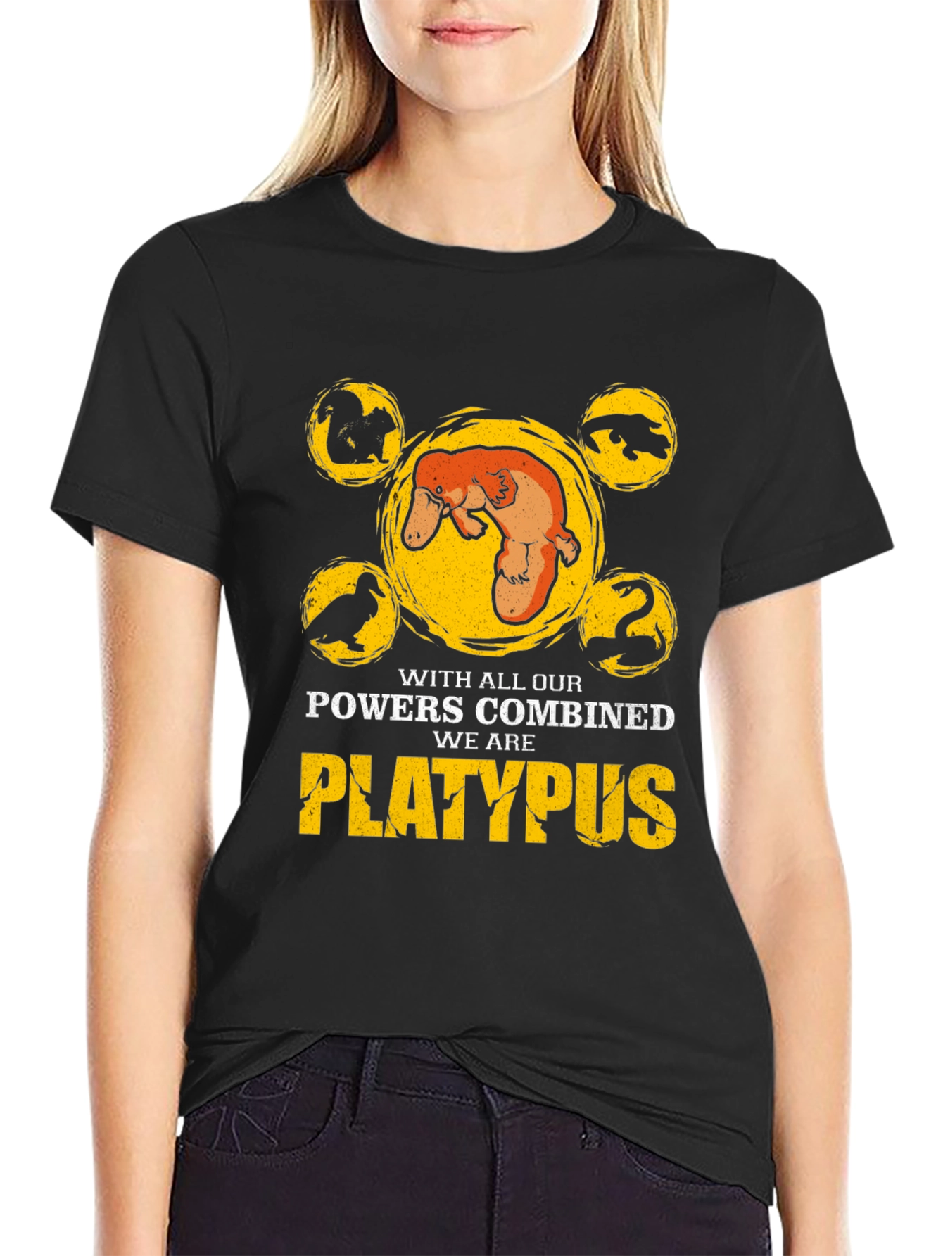 Black Platypus Powers Combined T-Shirt - Black Cotton Tee view 2