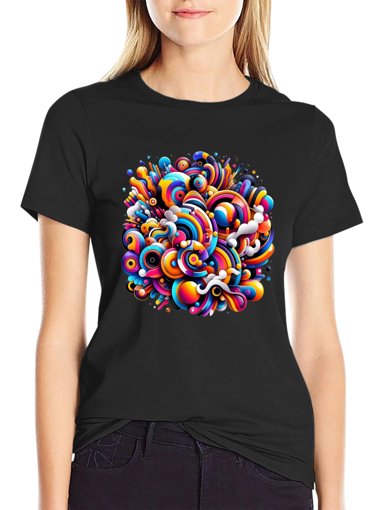 Black Colorful Swirl Graphic Black T-Shirt view 2