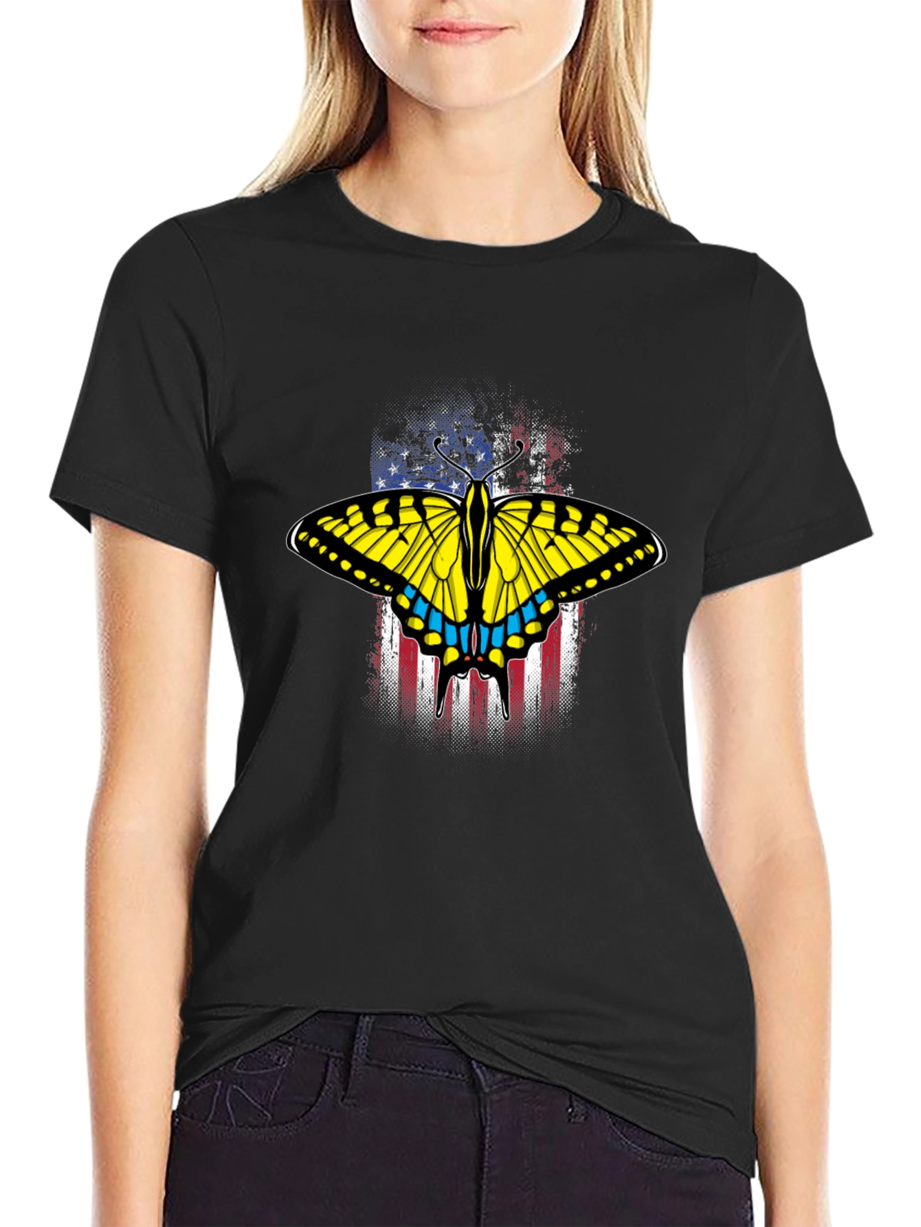Black American Flag Butterfly Graphic T-Shirt view 2