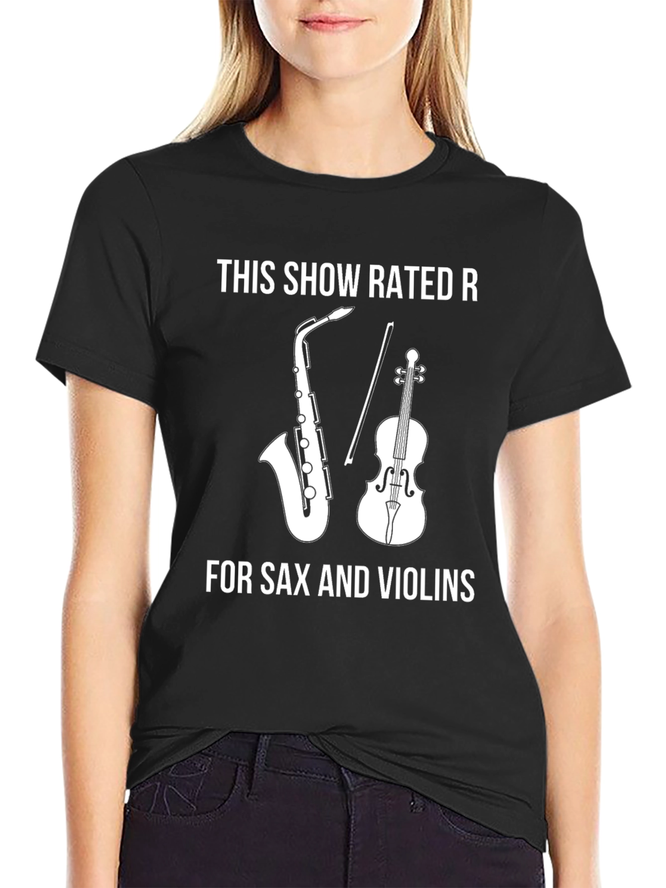 Black Rated R Sax & Violins T-Shirt view 2
