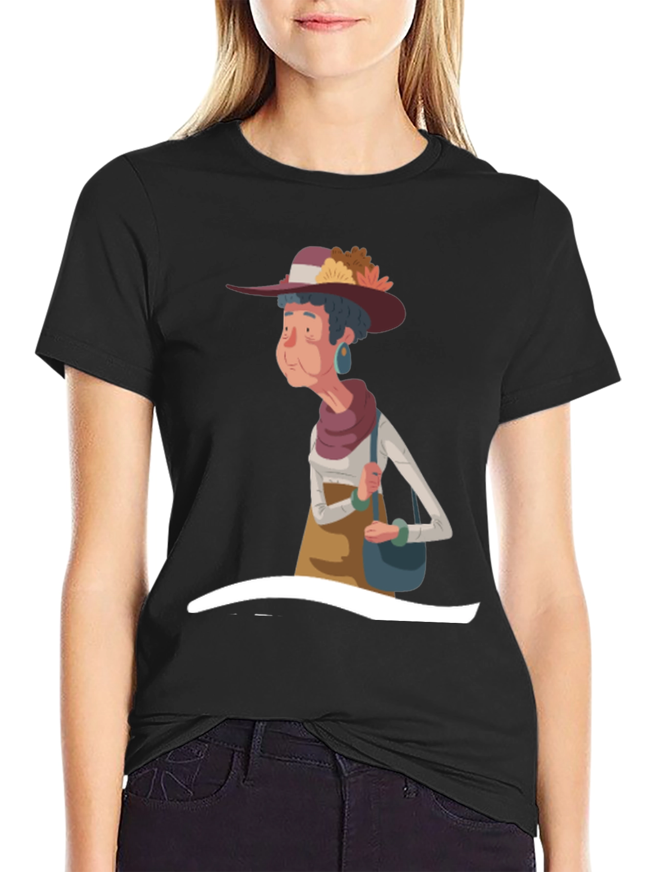Black Stylish Cartoon Granny Graphic T-Shirt view 2