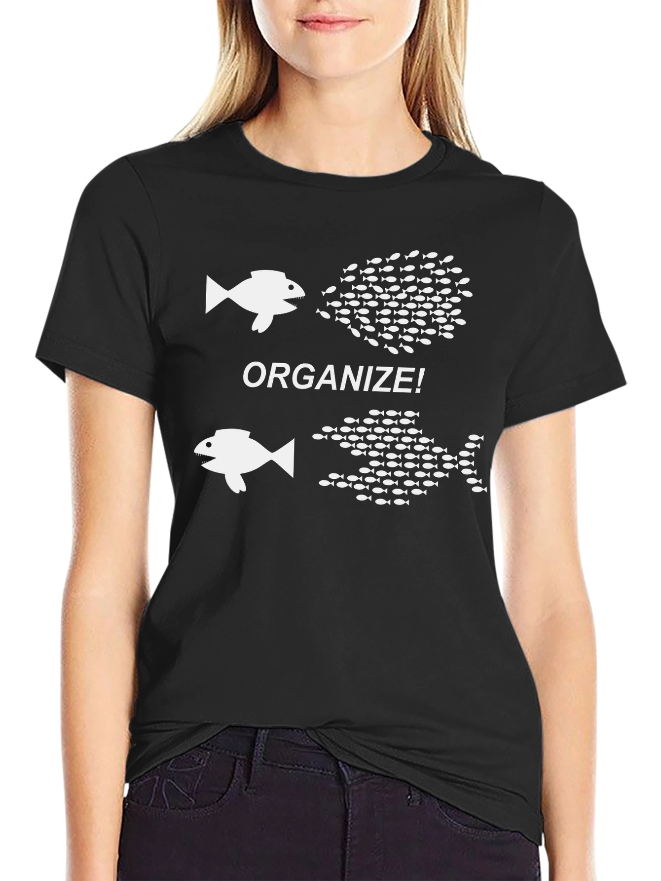 Black Organize! Fish Graphic Print Crew Neck T-Shirt view 2