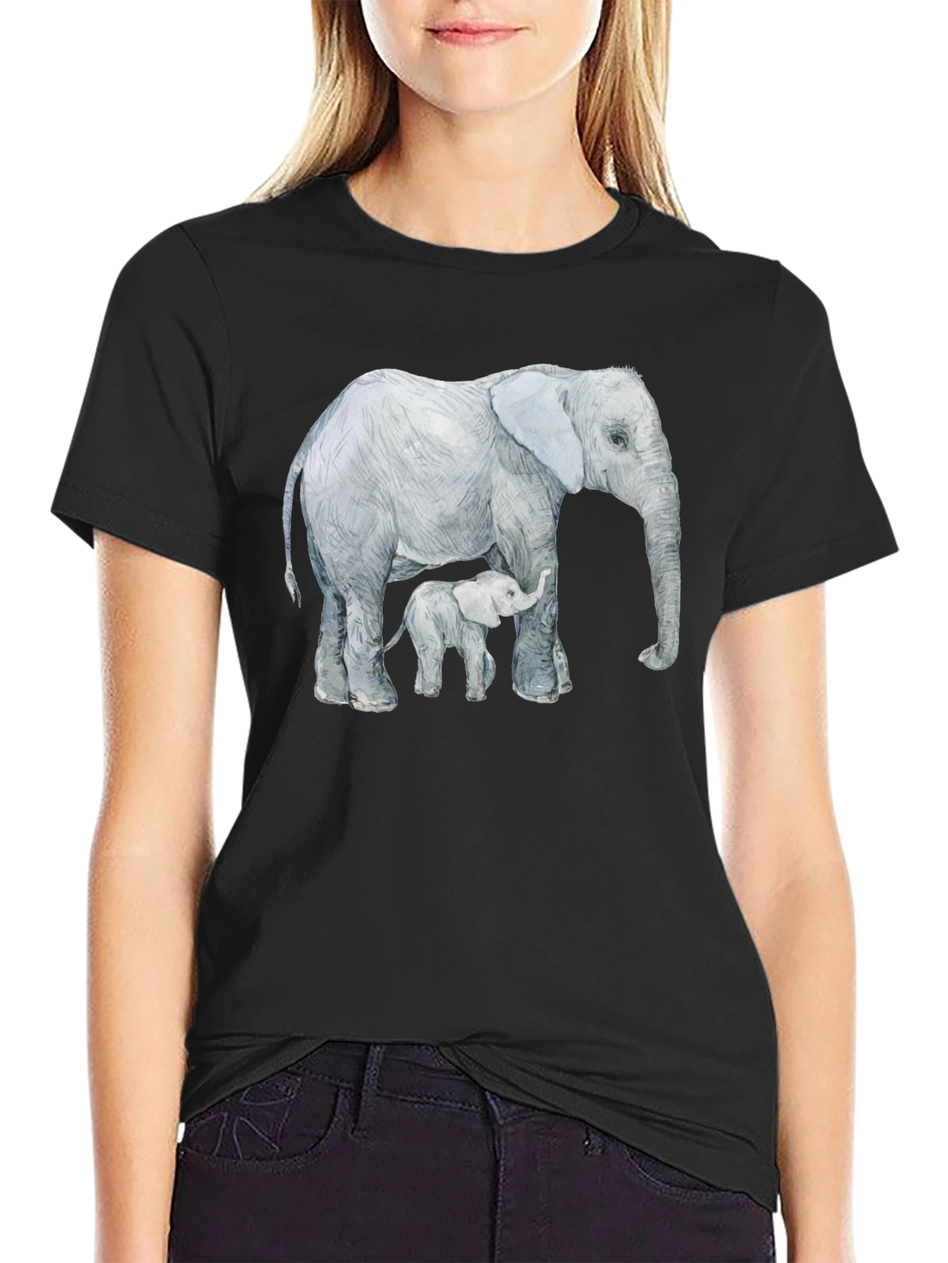 Black Elephant and Calf Graphic Tee - Black Cotton Comfort view 2