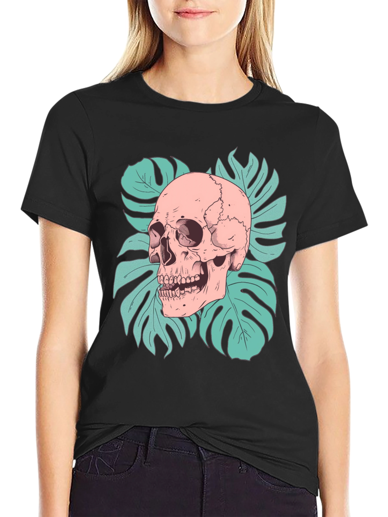 Black Skull & Monstera Leaf Graphic Tee - Black view 2