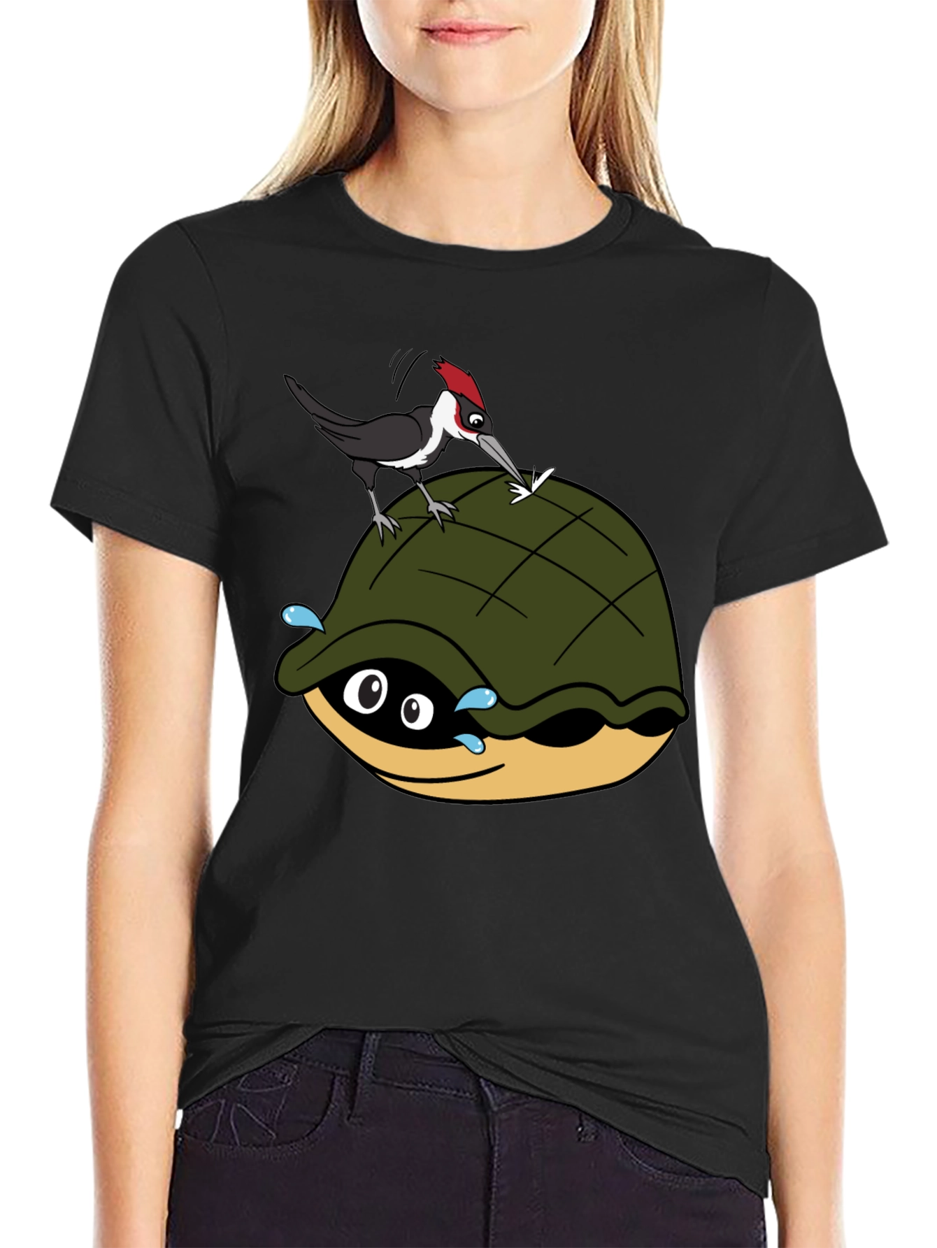 Black Cartoon Turtle and Woodpecker Graphic Tee view 2