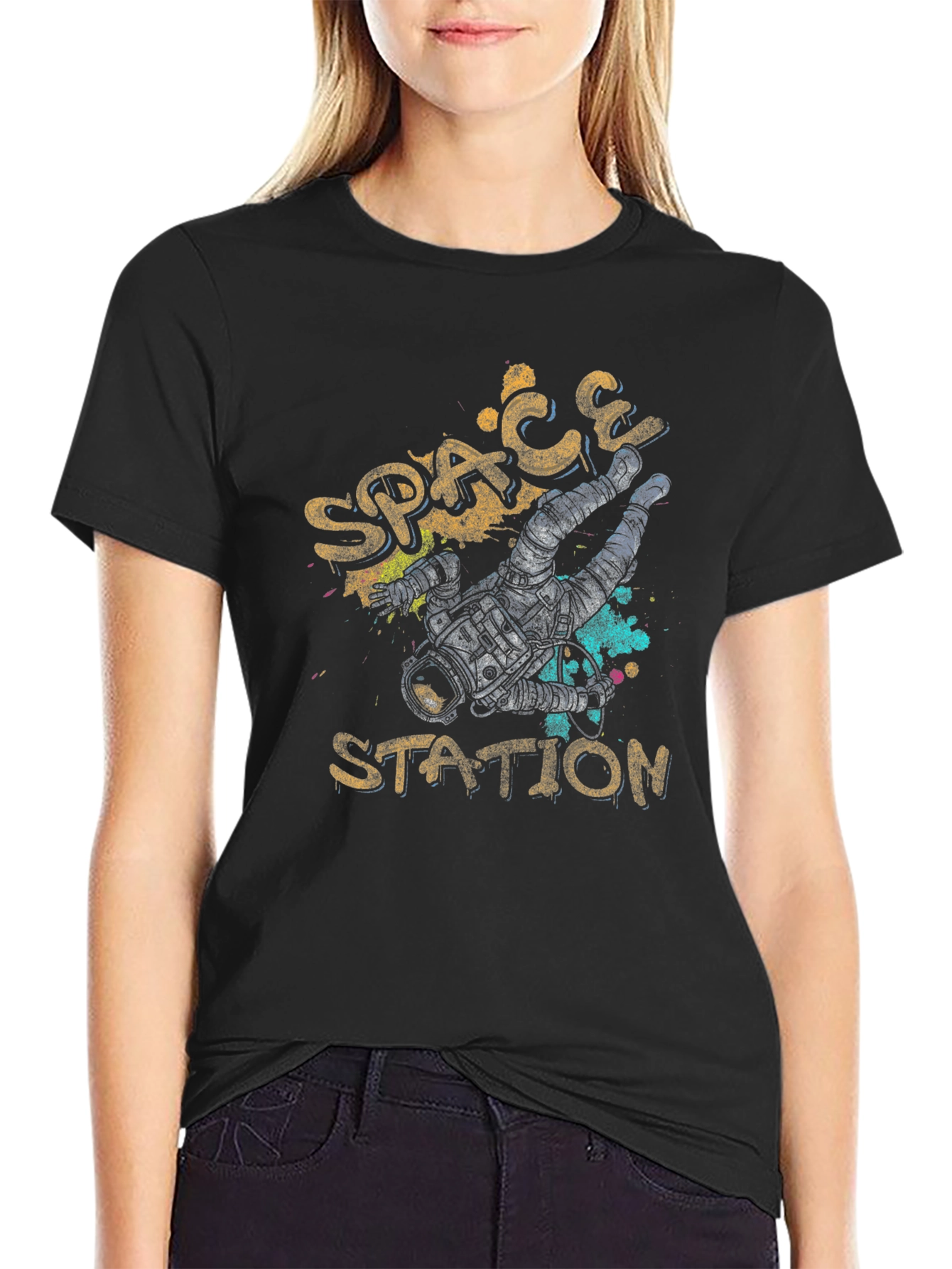Black Space Station Astronaut T-Shirt view 2