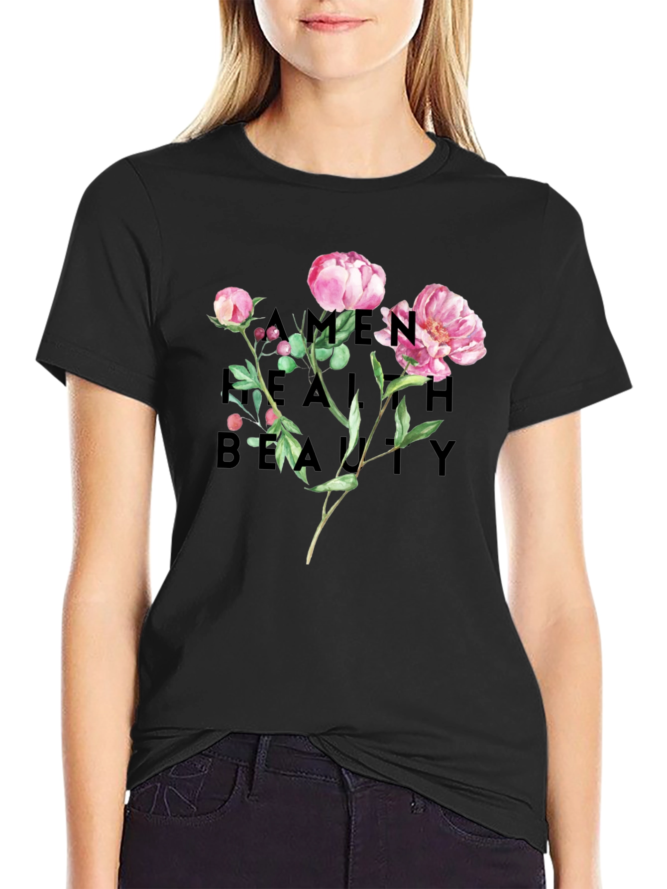 Black Floral Graphic Print Black T-Shirt view 2