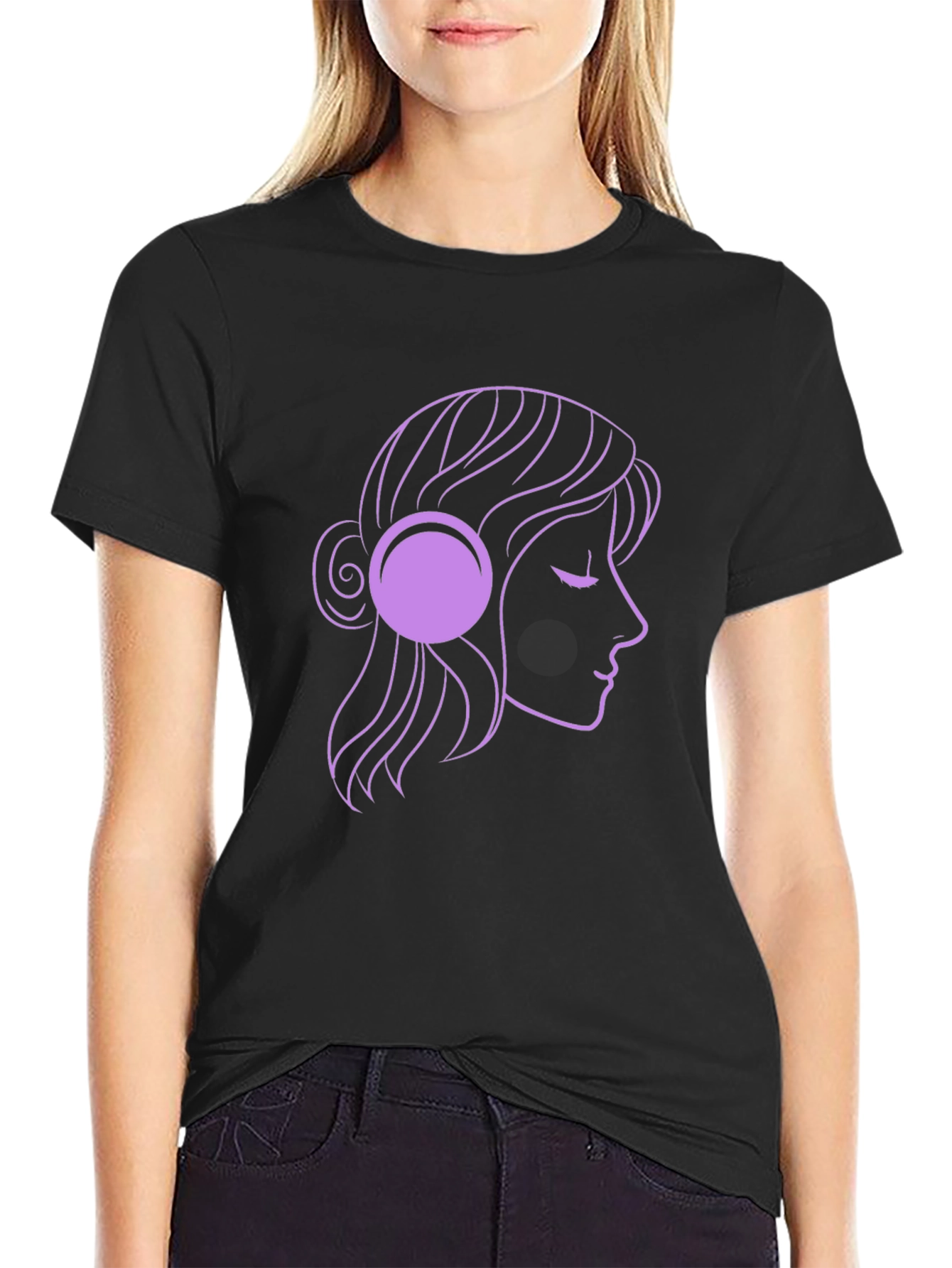 Black Woman with Headphones Graphic Tee - Black view 2