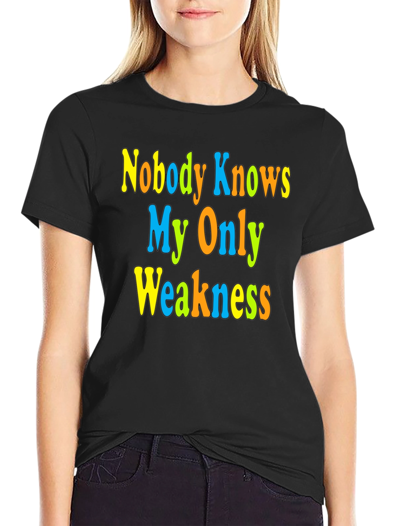 Black Funny Novelty Graphic Tee - Nobody Knows My Only Weakness view 2