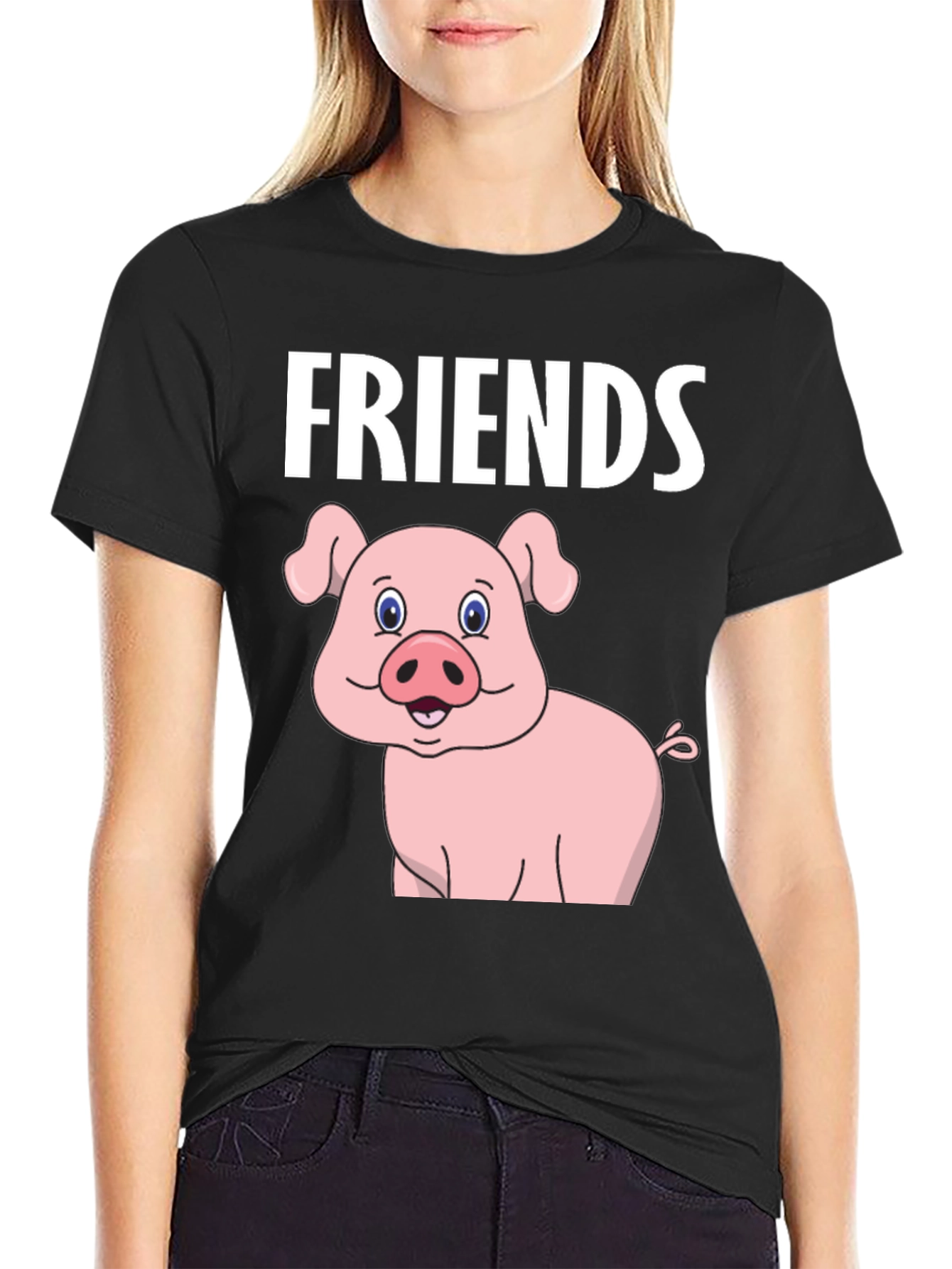 Black Friends Pig Cartoon Black Tee view 2