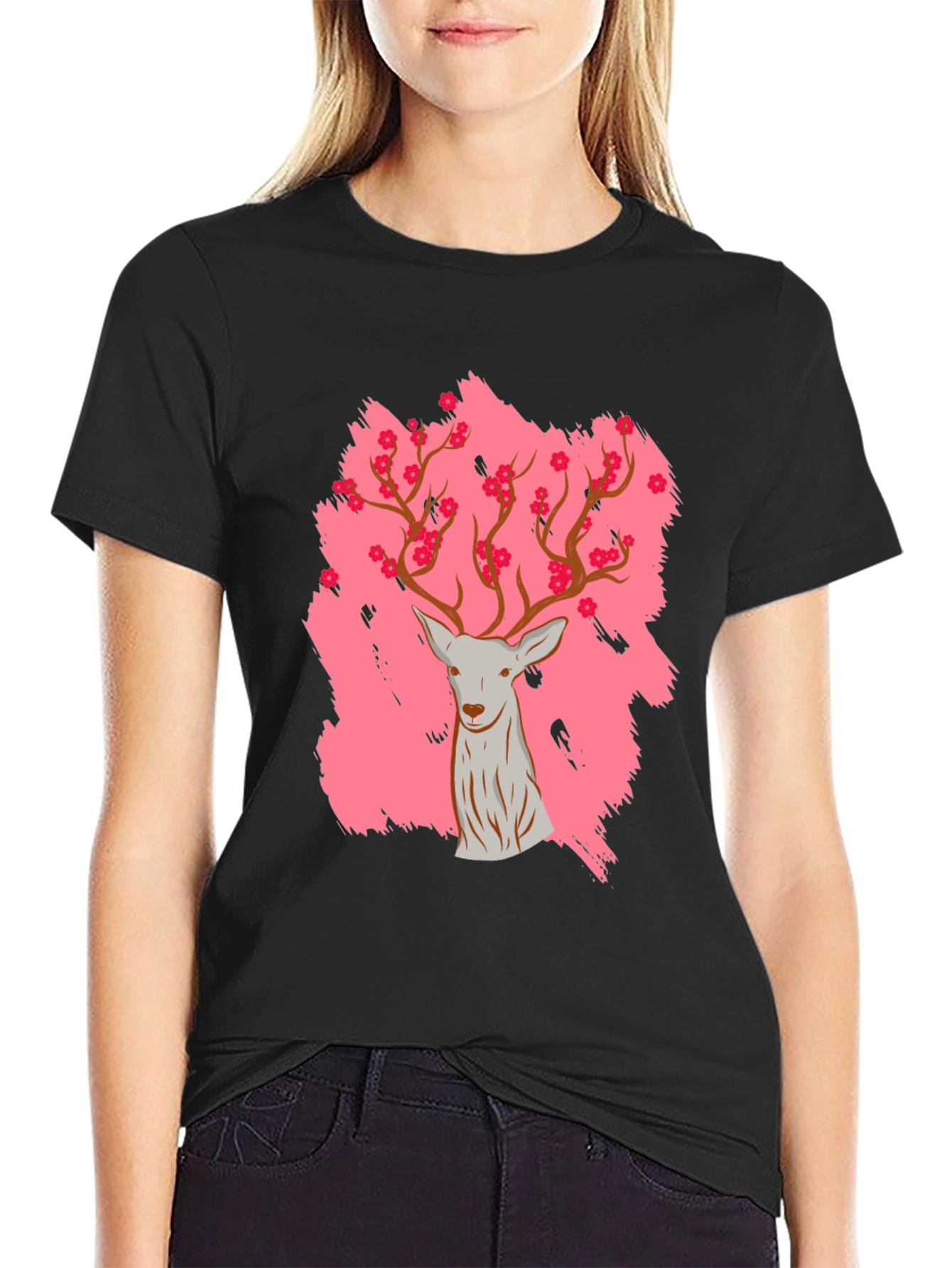 Black Deer with Floral Antlers Graphic Black T-Shirt view 2