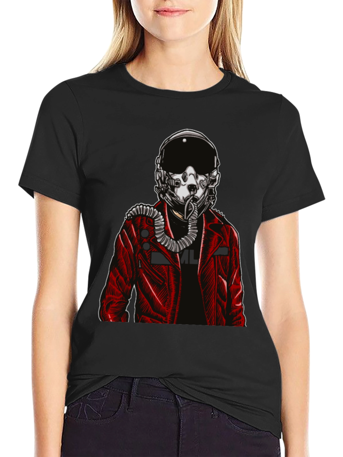 Black Pilot Helmet Graphic Tee - Bold Black Cotton Shirt view 2