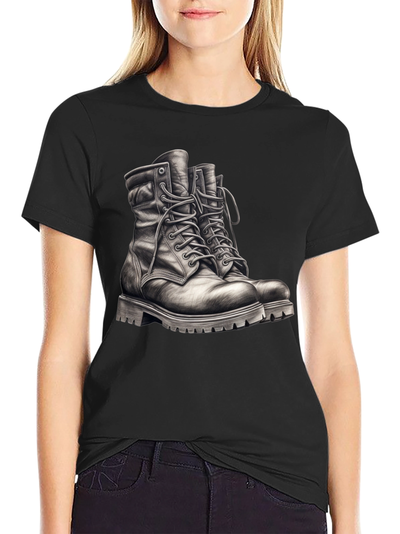 Black T-Shirt with Boots Graphic Tee - 2
