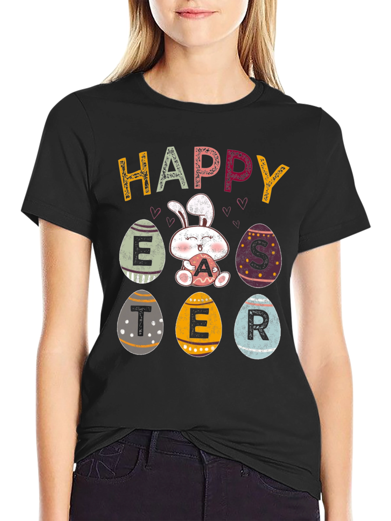 Black Happy Easter Bunny Egg T-Shirt view 2