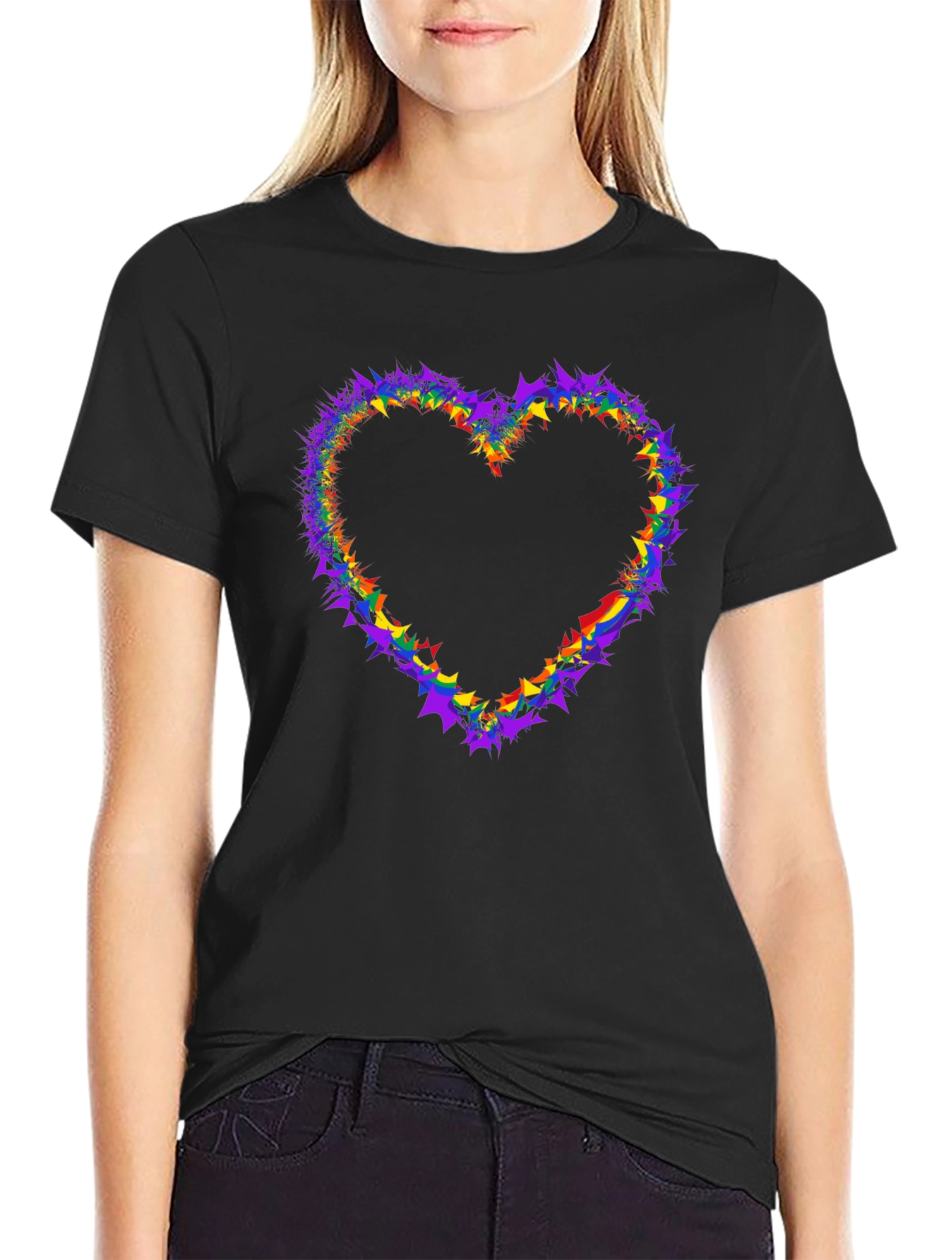 Black Rainbow Heart Graphic Tee - Black Cotton view 2