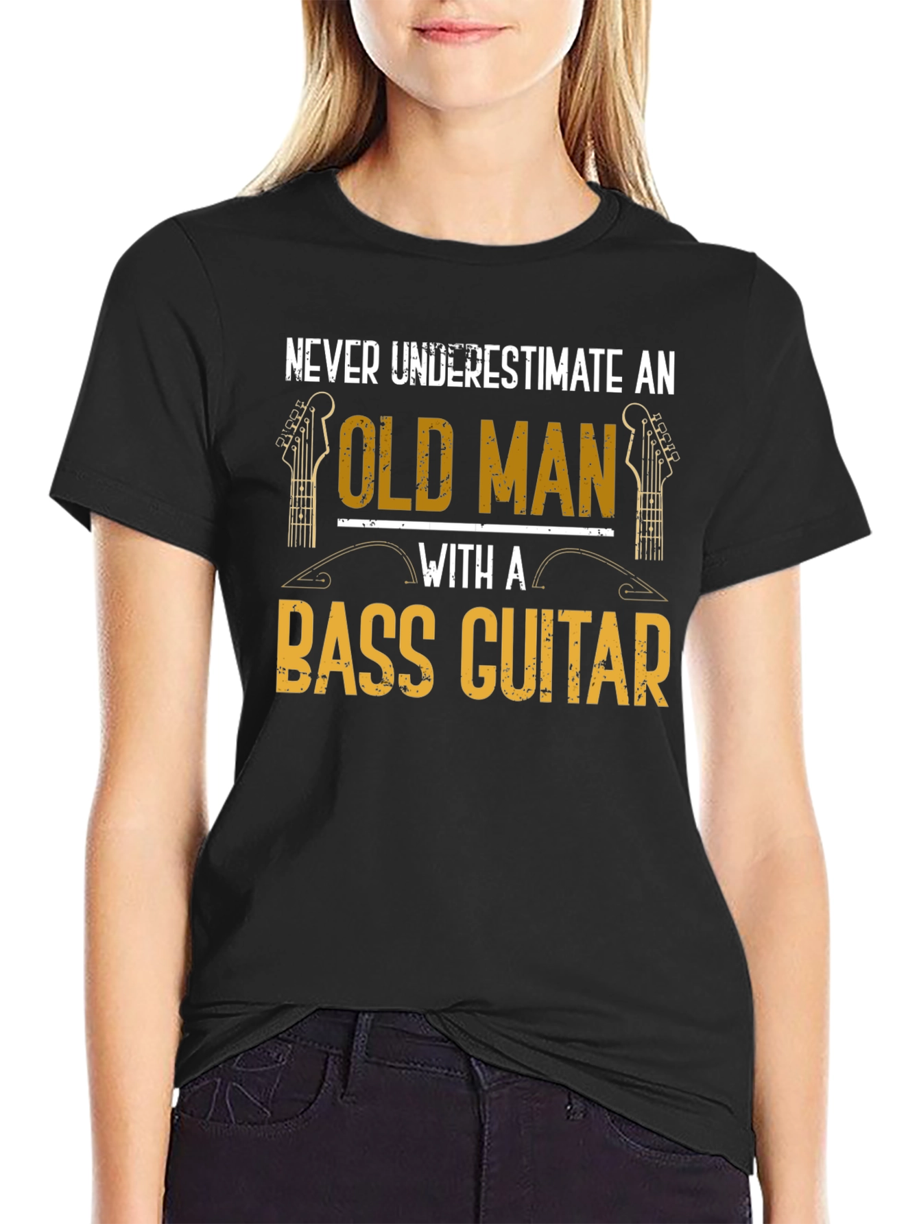 Black Old Man Bass Guitar T-Shirt - Musician Gift view 2